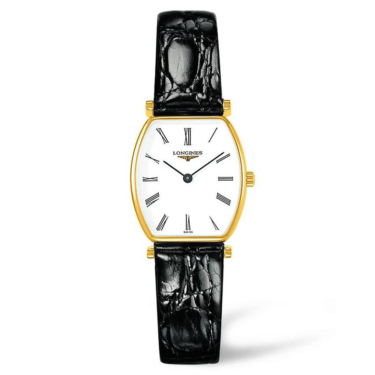 Yellow gold PVD stainless steel case with a black (alligator) leather strap. Fixed yellow gold PVD bezel. White dial with black hands and Roman numeral hour markers. Dial Type: Analog. Longines Calibre L209 quartz movement. Scratch resistant sapphire crystal. Pull / push crown. Solid case back. Tonneau case shape. Case dimensions: 22.2 mm x 24.5 mm, case thickness: 5 mm.