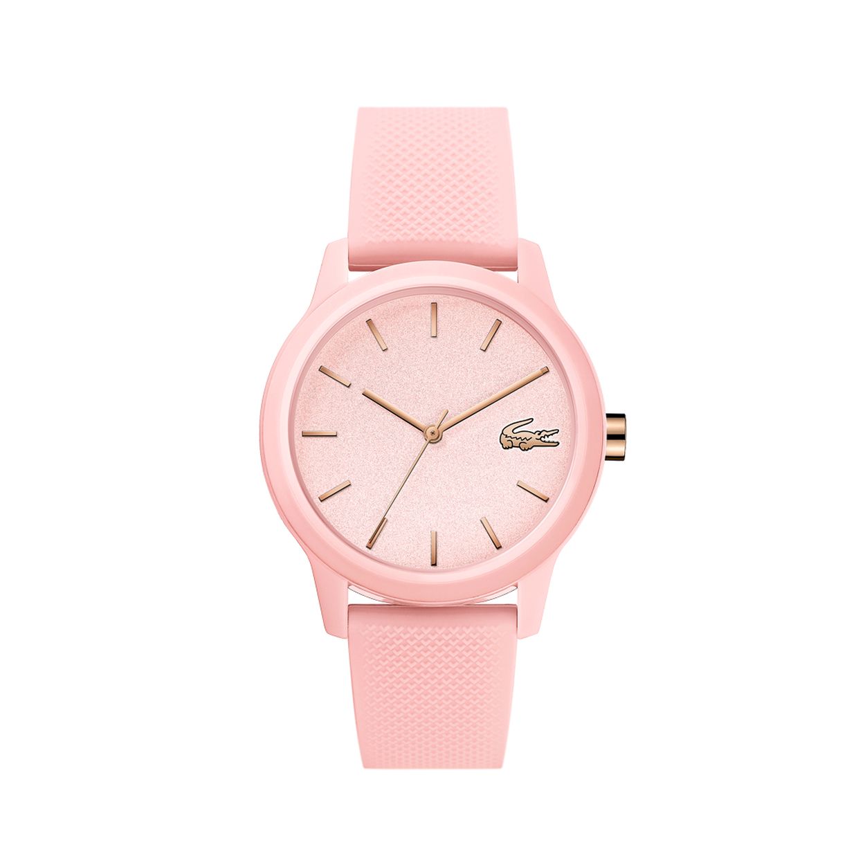 Lacoste LC2001065 L.12.12
Dit roze horloge is speciaal voor dames en afkomstig van het merk Lacoste; het sportieve merk dat gekenmerkt wordt door het krokodillenlogo. Dit horloge bestaat uit een kast die gemaakt is van kunststof, met een mooie roze kleur, met een roze silicone horlogeband. Verder is de horlogeband voorzien van een handige gespsluiting. De wijzerplaat heeft een mooie roze kleur met goudkleurige streepjes als tijdsaanduidingen en goudkleurige wijzers. Daarnaast is de wijzerplaat voorzien van het beeldmerkje in de vorm van een goudkleurige krokodil. De kast heeft een diameter van 36mm en is voorzien van regen- en spatwaterdicht mineraalglas. Dankzij het Quartz uurwerk bent u verzekerd van een kwalitatief tijdstuk.