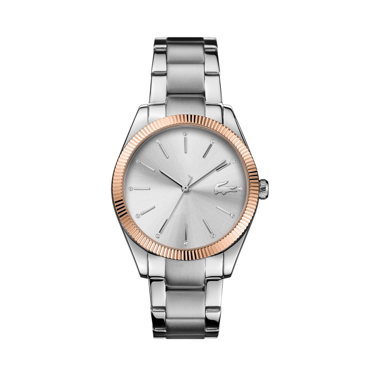 Dit dameshorloge uit de Lacoste Parisienne serie heeft mineraal glas, een zilverkleurige wijzerplaat met Swarovski kristallen en een zilverkleurige horlogekast met een diameter van 36mm. De band van het horloge is van staal.
Artikelnummer LC2001082
