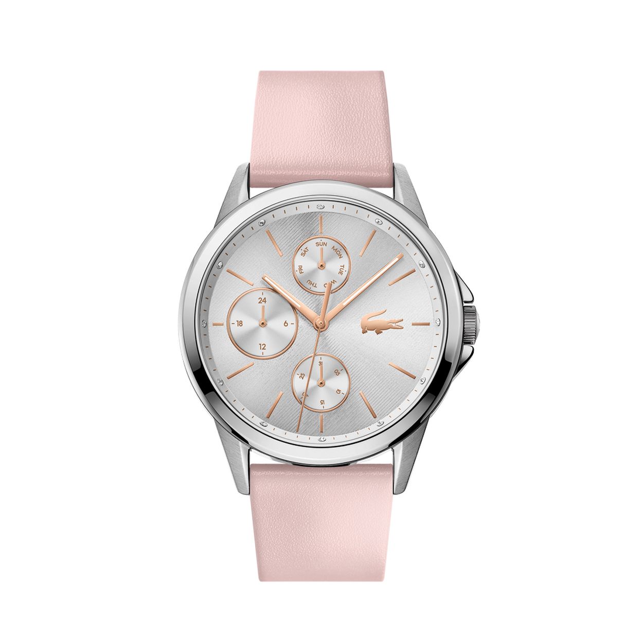 Lacoste LC2001108 FLORENCE
Dit zilverkleurige horloge is speciaal voor dames en afkomstig van het merk Lacoste; het sportieve merk dat gekenmerkt wordt door het krokodillenlogo. Dit horloge bestaat uit een kast die gemaakt is van edelstaal, met een fijntjes gepolijst oppervlak dat mooi glanst en een roze horlogeband die gemaakt is van leder. Verder is de horlogeband voorzien van een handige gespsluiting. Dit horloge is voorzien van een zilverkleurige wijzerplaat met roségoudkleurige streepjes als tijdsaanduidingen en goudkleurige wijzers. Verder is de wijzerplaat voorzien van het bekende beeldmerkje in de vorm van een roségoudkleurige krokodil alsook drie kleinere wijzers die, van boven naar onder, de dagen van de week, de uren van de dag en de dagen van de maand weergeven. De kast heeft een diameter van 40mm en is voorzien van regen- en spatwaterdicht mineraalglas. Dankzij het Quartz uurwerk bent u verzekerd van een kwalitatief tijdstuk.