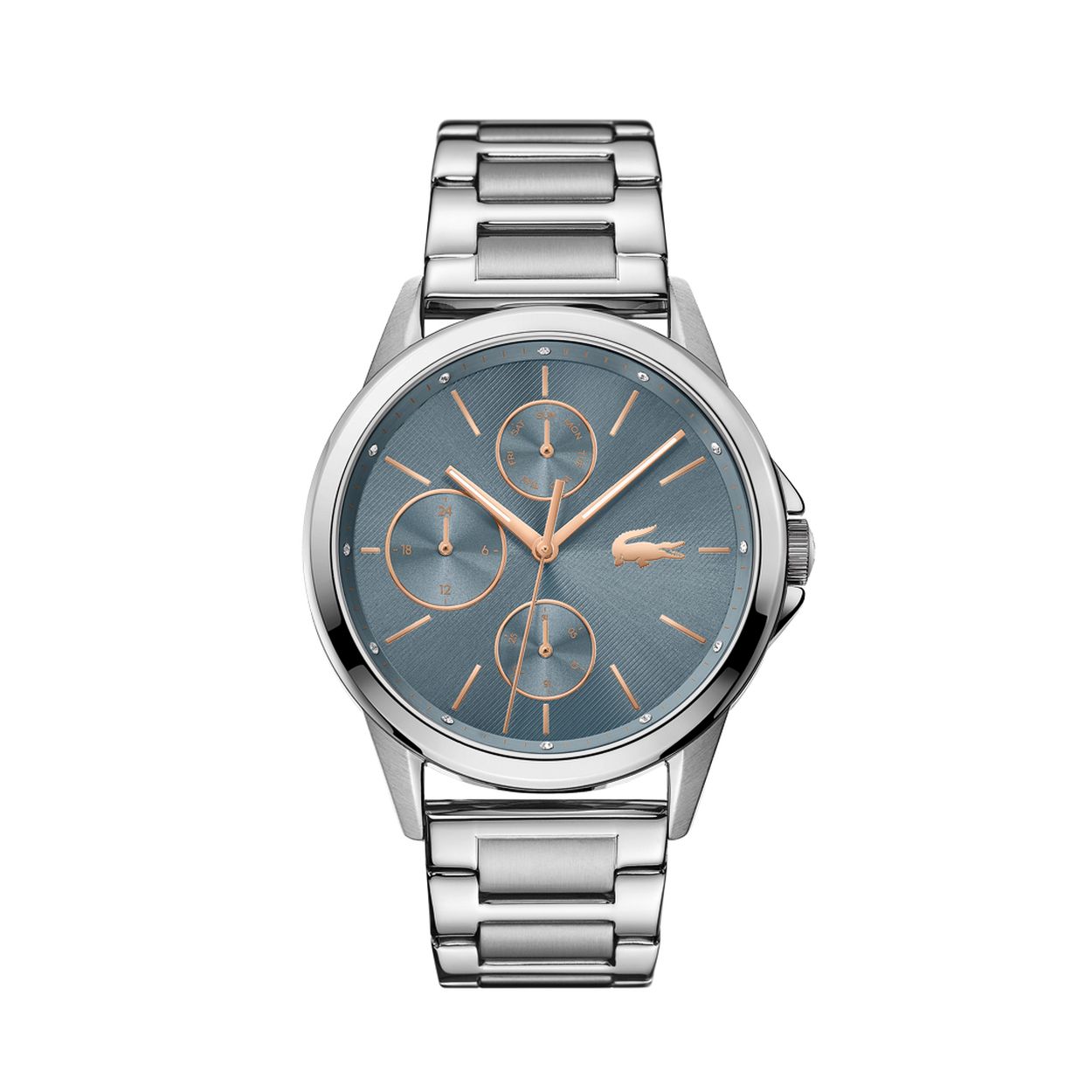 Lacoste LC2001112 FLORENCE
Dit zilverkleurige horloge is speciaal voor dames en afkomstig van het merk Lacoste; het sportieve merk dat gekenmerkt wordt door het krokodillenlogo. Dit horloge bestaat uit een kast die gemaakt is van edelstaal, met een fijntjes gepolijst oppervlak dat mooi glanst en een schakelband die bestaat uit meerdere mooie edelstalen schakels. Verder is de horlogeband voorzien van een handige klepsluiting. Dit horloge is voorzien van een blauwe wijzerplaat met roségoudkleurige streepjes als tijdsaanduidingen en goudkleurige wijzers. Verder is de wijzerplaat voorzien van het bekende beeldmerkje in de vorm van een roségoudkleurige krokodil alsook drie kleinere wijzers die, van boven naar onder, de dagen van de week, de uren van de dag en de dagen van de maand weergeven. De kast heeft een diameter van 40mm en is voorzien van regen- en spatwaterdicht mineraalglas. Dankzij het Quartz uurwerk bent u verzekerd van een kwalitatief tijdstuk.