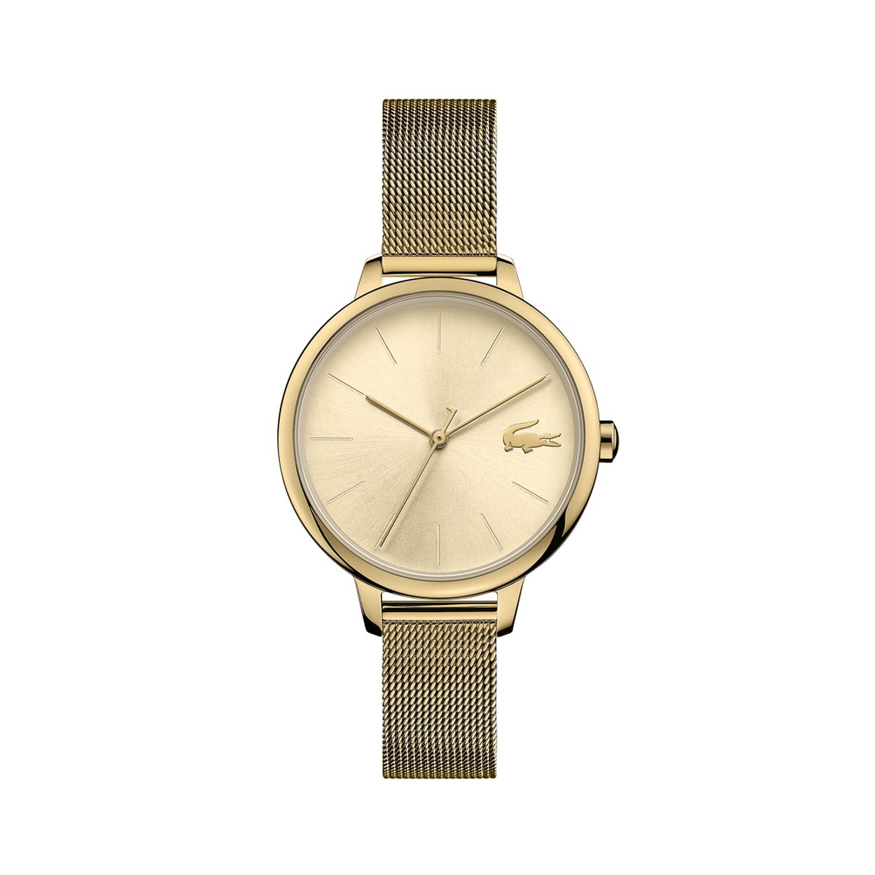 Lacoste LC2001128 CANNES

Dit goudkleurige horloge is speciaal voor dames en afkomstig van het merk Lacoste; het sportieve merk dat gekenmerkt wordt door het krokodillenlogo. Dit horloge bestaat uit een kast die gemaakt is van edelstaal, met een mooie goudkleurige coating en een fijntjes gepolijst oppervlak dat mooi glanst en een goudkleurige Milanese horlogeband die bestaat uit meerdere fijne edelstalen schakels die fijntjes op elkaar aansluiten en die samen een stijlvol geheel vormen. Verder is de horlogeband voorzien van een handige klepsluiting. Dit horloge is voorzien van een goudkleurige wijzerplaat met goudkleurige streepjes als tijdsaanduidingen en goudkleurige wijzers. Verder is de wijzerplaat voorzien van het bekende beeldmerkje in de vorm van een goudkleurige krokodil. De kast heeft een diameter van 34mm en is voorzien van regen- en spatwaterdicht mineraalglas. Dankzij het Quartz uurwerk bent u verzekerd van een kwalitatief tijdstuk.