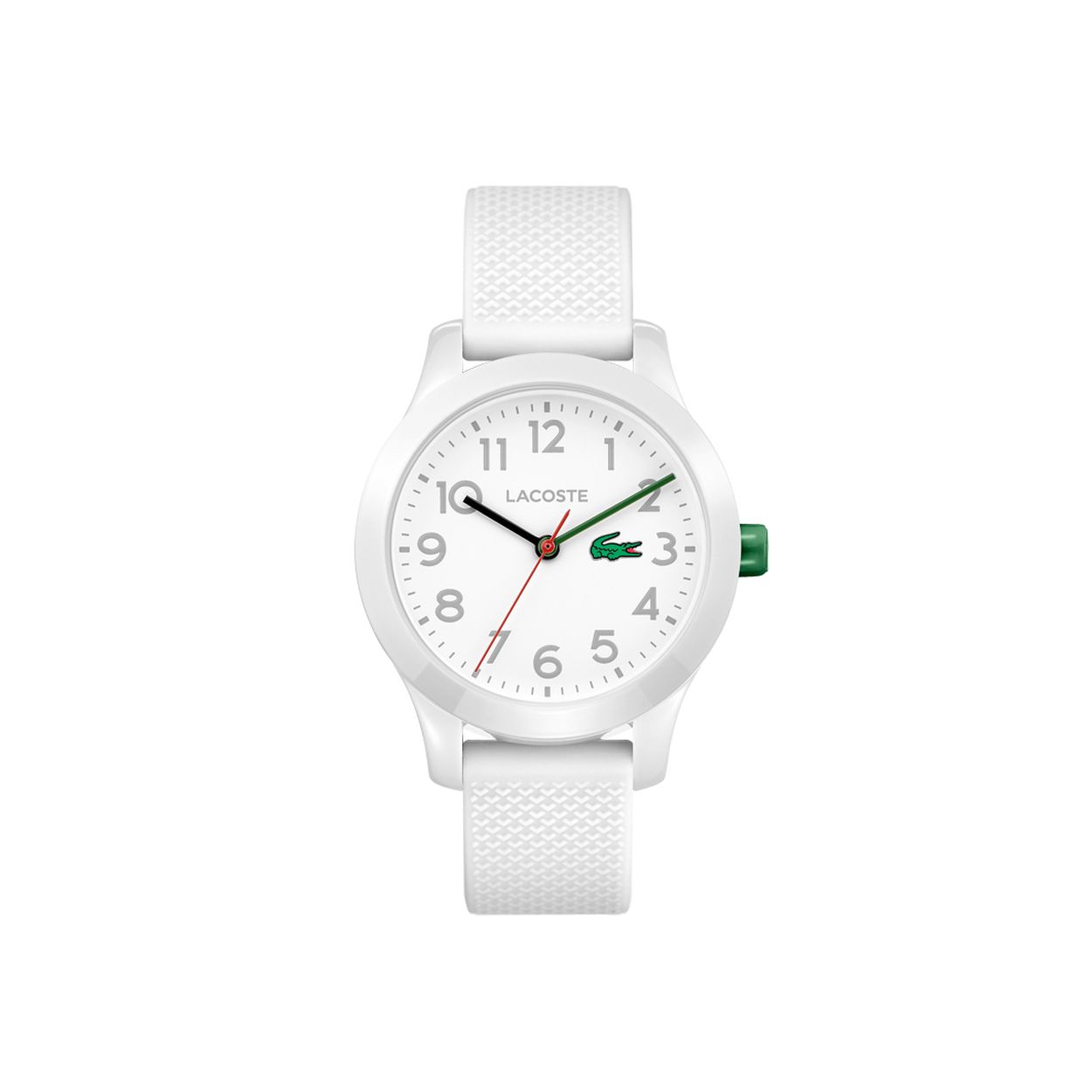 Lacoste kinderhorloge, met een witte pvc band.
zilverkleurige cijfers, met zwarte wijzers.