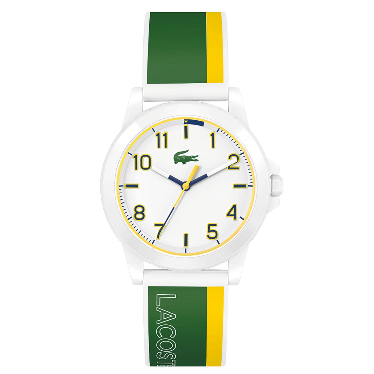 Lacoste LC2030044 RIDER 
Dit kinderhorloge uit de Lacoste RIDER serie met artikelnr. LC2030044 is een verfijnd en sportief horloge voor de Lacoste liefhebber. De witte kunstof kast heeft een witte wijzerplaat met zwate arabische cijfers en zwartwitte wijzers. Het horloge heeft een mineraalglas doorsnee van 36mm en is 5 ATM. Aan het horloge zit een wit groene siliconen band met een gesp sluiting. Opvallend is het logo van de krokodil op de wijzerplaat en de naam op de band.

HET MERK:
Lacoste het verhaal van een iconisch merk. De oprichter en Franse tennislegende Ren� Lacoste wiens bijnaam �de krokodil� was maakte indruk met zijn liefde voor het spel en zijn passie voor innovatie. De elegante en sportieve uitstraling is duidelijk terug te zien in de horlogecollectie van Lacoste. Op sport ge�nspireerde elegantie: De Lacoste stijl.

SPECIFICATIES:
- Mineraalglas
- Ronde kastvorm � 36mm
- Witte horlogekast
- Witte wijzerplaat
- Groene siliconen band
- 5 ATM

    

