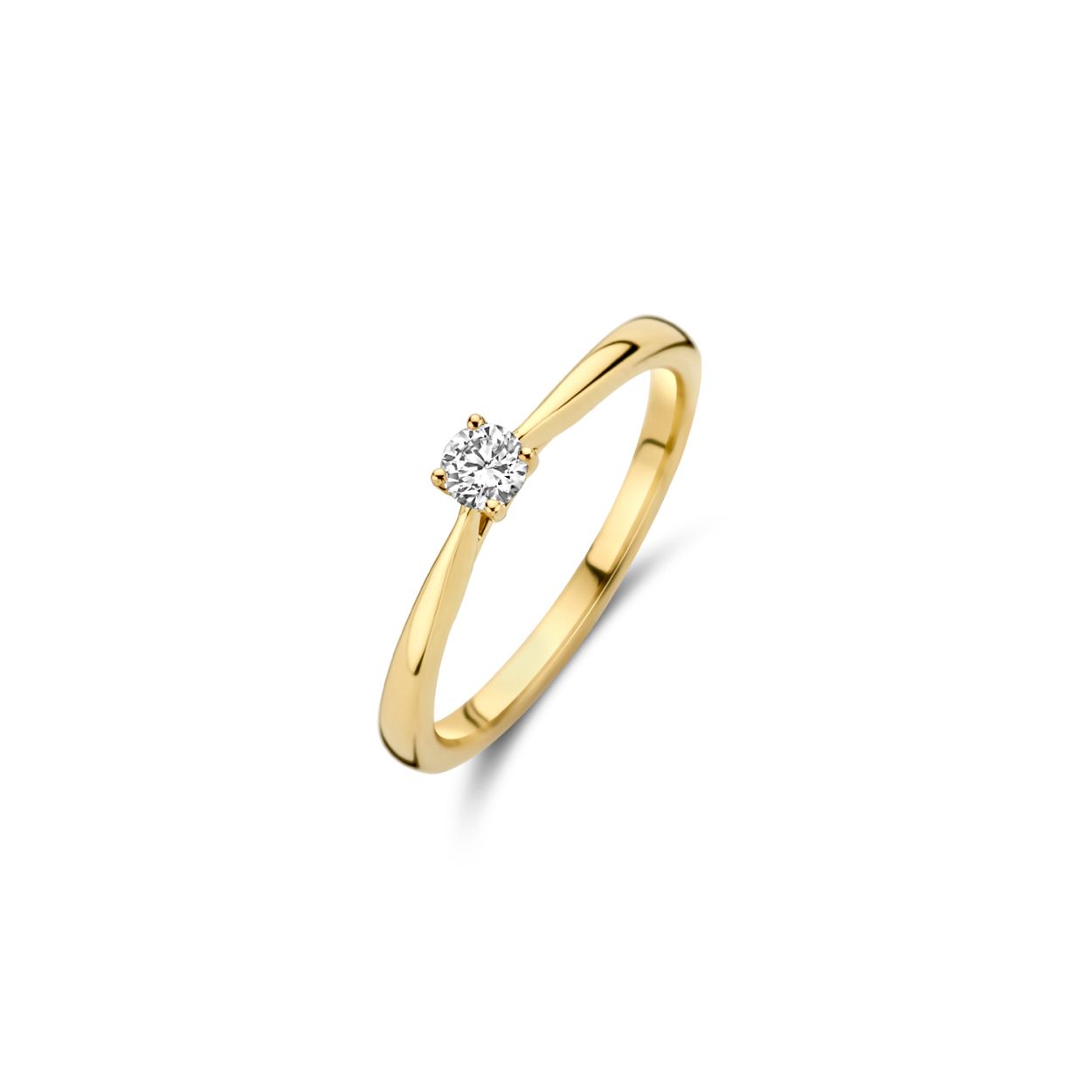 Gemaakt van  gecertificeerd gerecycled goud met lab grown diamant, deze 14k geelgouden Lab Diamonds ring is uitgevoerd in glanzend gepolijst geel goud en voorzien van een briljant geslepen Lab grown Diamant met een gewicht van 0,15 ct en met een diameter van 3,3 mm. Wanneer je de ring solitair draagt, geef het een elegante en vrouwelijke uitstraling.