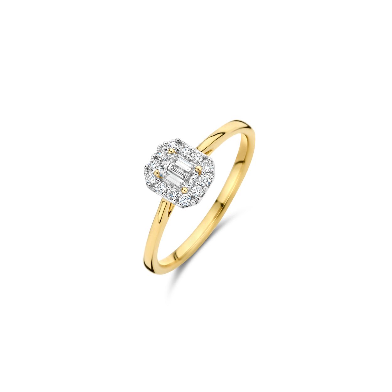 LG1010Y/52. Blush geelgouden damesring. Rechthoekige entourage met 0.40crt lab diamant.