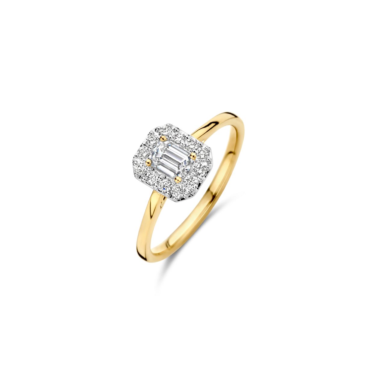 Blush Lab Diamonds - 14kt geelgouden entourage ring bezet met 0.40ct emerald slijpsel lab diamant en daaromheen 12 briljant geslepen lab diamanten 0.24ct - LG1011Y/56