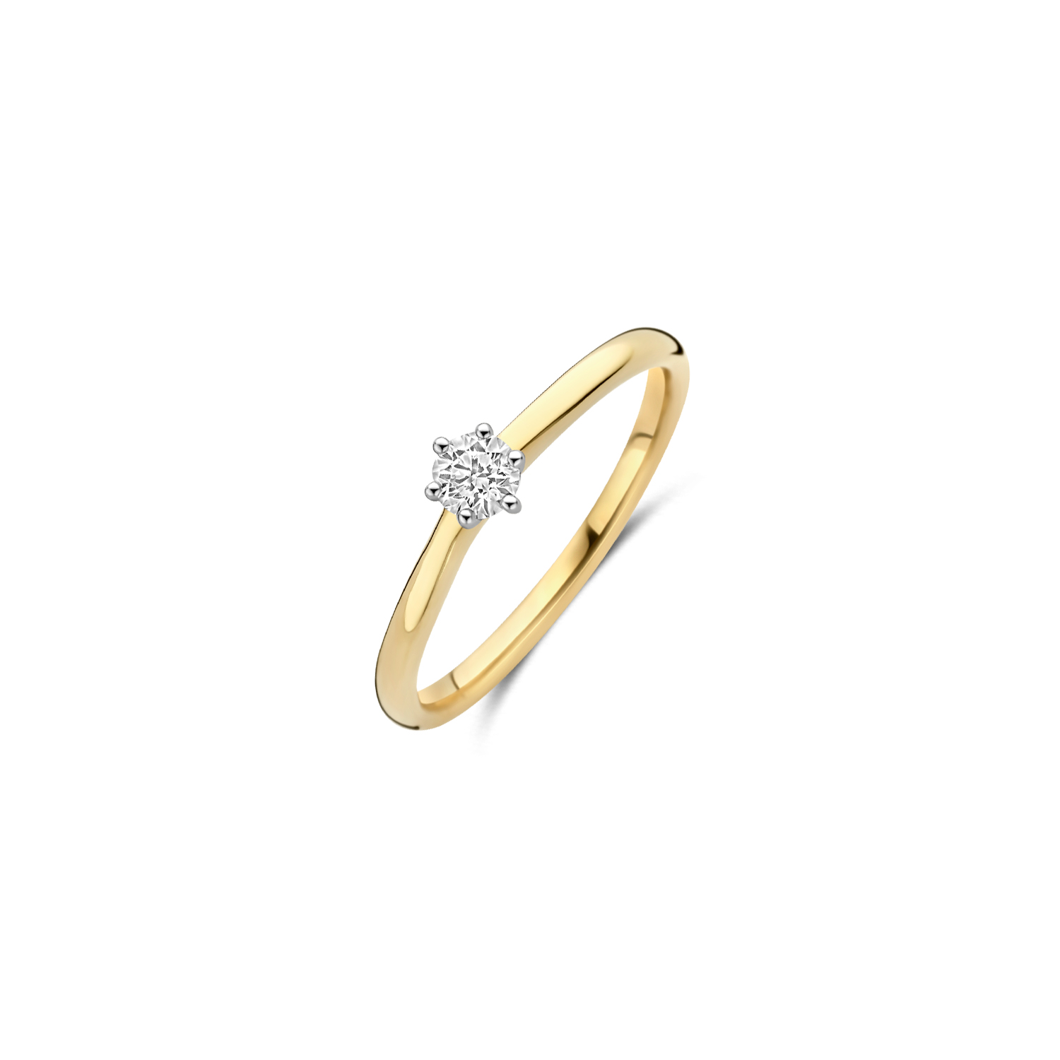 Deze ring van 14k geelgoud met een lab-diamond in witgouden chaton-zetting straalt eenvoud en elegantie uit. Het karaatgewicht van de diamant is 0,20 en de doorsnede van de band is 1,9 mm. Draag deze ring op zichzelf of combineer hem met andere ringen uit onze collectie.
