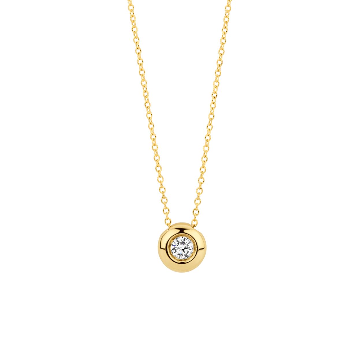Gemaakt van 14k gecertificeerd gerecycled goud met lab grown diamant. Dit collier is uitgevoerd in glanzend gepolijst goud en is voorzien van een briljant geslepen Lab grown Diamant van 0,10 ct met een doorsnede van 6,2 mm. Deze ketting met geelgouden hanger heeft iets extra’s; de geelgouden ronde hanger is bezet met een stralende lab grown diamant. Voor een extra stralend effect is het collier stijlvol te combineren met een Lab Diamonds ring of oorbellen.