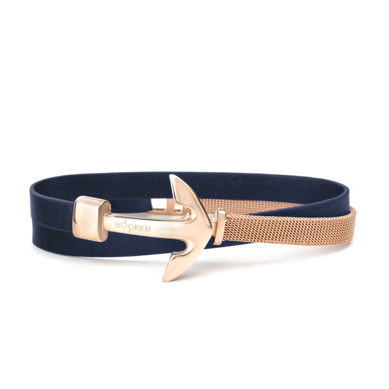 Armband - Anker Rosegoud - Echt leer Blauw