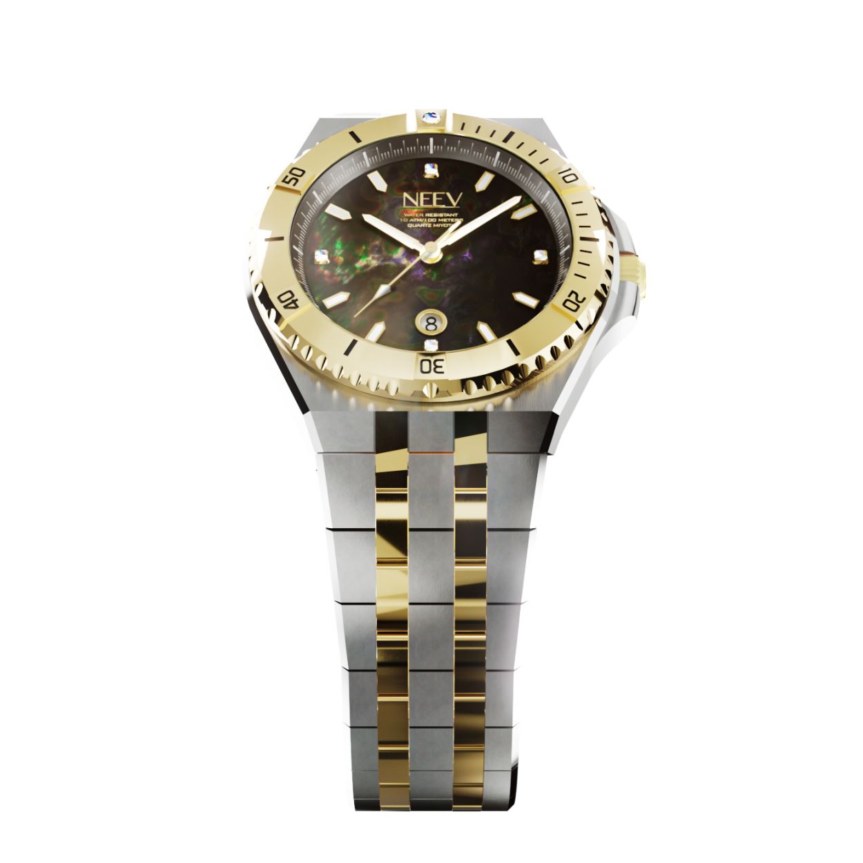 De Date34 is ons nieuwste model. Dit 34mm dameshorloge is er in 14 varianten. Dit nieuwe model is standaard uitgevoerd met 5 Swarovski stenen, hoogwaardig staal, saffierglas met AR coating en een parelmoer wijzerplaat.