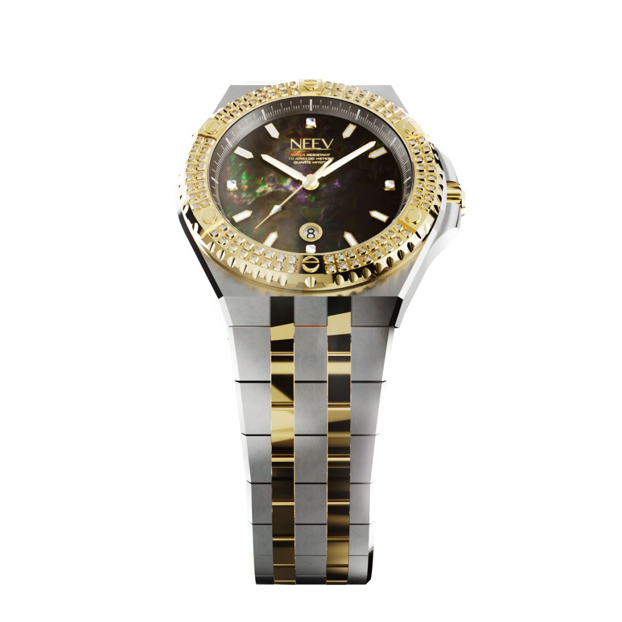 De Date34 is ons nieuwste model. Dit 34mm dameshorloge is er in 14 varianten. Dit nieuwe model is standaard uitgevoerd met 5 Swarovski stenen, hoogwaardig staal, saffierglas met AR coating en een parelmoer wijzerplaat.