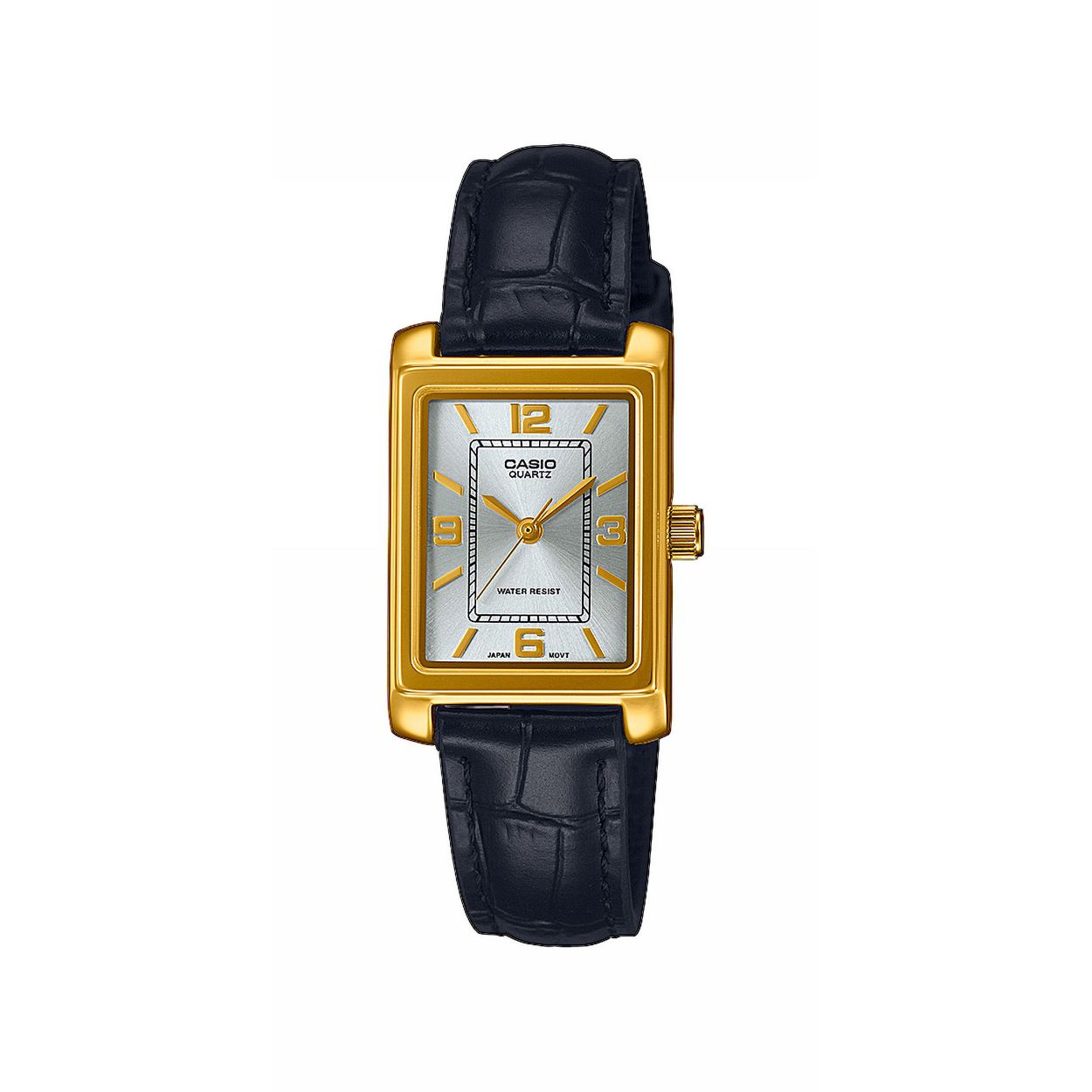 Dit Casio horloge, uit de LTP-1234 collectie heeft een rechthoekige messing kast en een zwarte leren band. De wijzerplaat is zilverkleurige met goudkleurige indexen en wijzers