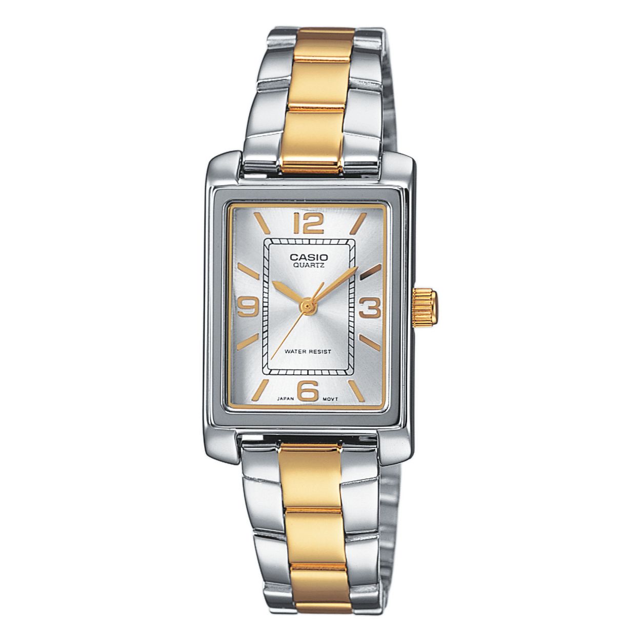 Dit Casio horloge, uit de LTP-1234 collectie heeft een rechthoekige messing kast en een bicolor stalen band. De wijzerplaat is zilverkleurige met goudkleurige indexen en wijzers