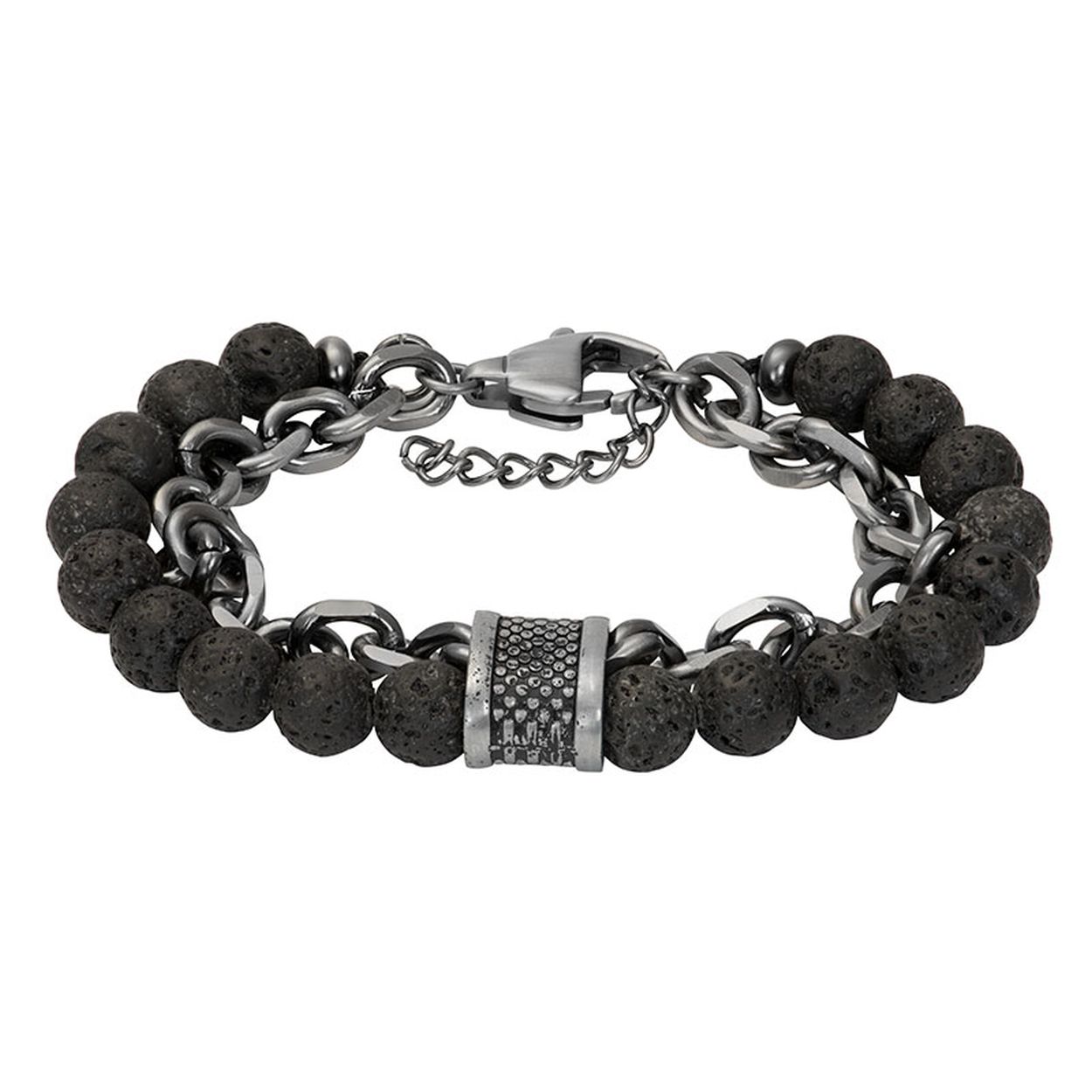 De iXXXi MEN armband Kane bestaat uit een combinatie van stainless steel in de kleur antiek zilver en zwart kleurige kralen. De bracelet bestaat uit twee armbanden met verschillende designs die samenkomen bij de sluiting. De ene armband bestaat uit een grove, antiek zilverkleurige schakel gemaakt van stainless steel en de andere armband bestaat zwart kleurige lava kralen. Beide armbanden worden in het midden bij elkaar gehouden door een antiek zilverkleurig detail met een patroon. Bracelet Kane is voorzien van een fijne haaksluiting. De iXXXi heren armband Kane is verstelbaar in de maat 20 t/m 23.