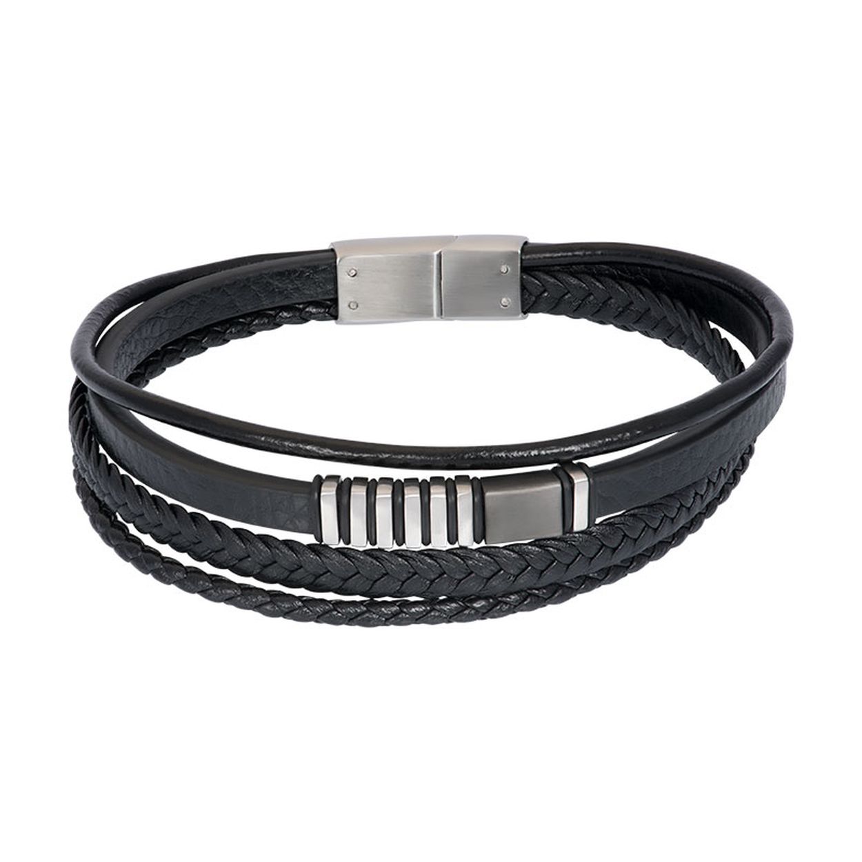 De iXXXi MEN armband Tyson bestaat uit een combinatie van zwart leder en mat zilver, matzwart en donkergrijs kleurige stainless steel details. De bracelet bestaat uit vier verschillende leren armbanden met allen een ander design die samenkomen bij de sluiting. Twee banden bestaan uit een gevlochten design, namelijk een plat en breed en een smal en rond design. De derde band bestaat uit een dunne en gladde lederen armband. De laatste armband is een wat bredere band, bestaande uit glad zwart leer met in het midden van de armband een langwerpig detail bestaande uit staal in de kleuren matzwart, mat zilver en donkergrijs. Bracelet Tyson heeft een rechthoekige, mat zilverkleurige sluiting.
