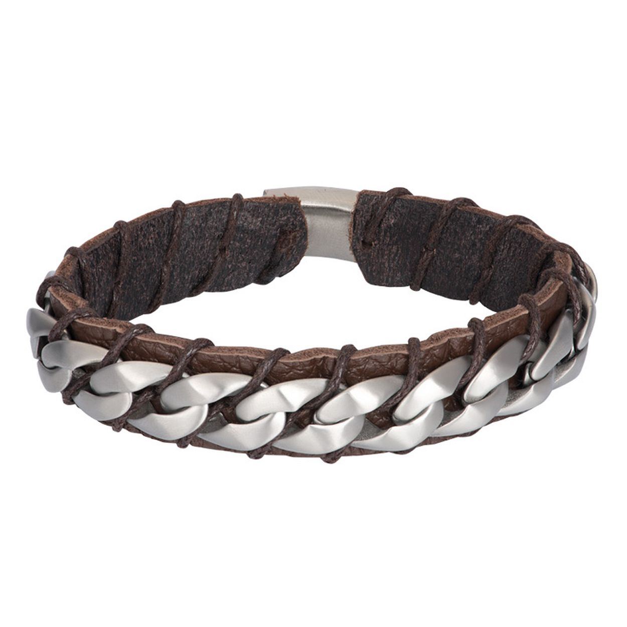 De iXXXi MEN armband Carlos bestaat uit een combinatie van bruin leder en mat zilverkleurige stainless steel details. De bracelet bestaat uit een gladde, brede, bruin lederen band. Op deze band is een stainless steel armband met grove schakels bevestigd door middel van een fijn gevlochten design van bruin leder. Bracelet Carlos heeft een rechthoekige, mat zilverkleurige sluiting die gemaakt is van stainless steel. De iXXXi heren armband Carlos is verkrijgbaar in de maten 20 en 21. Mix en match met verschillende armbanden uit de iXXXi MEN collectie en maak zo jouw look compleet!
