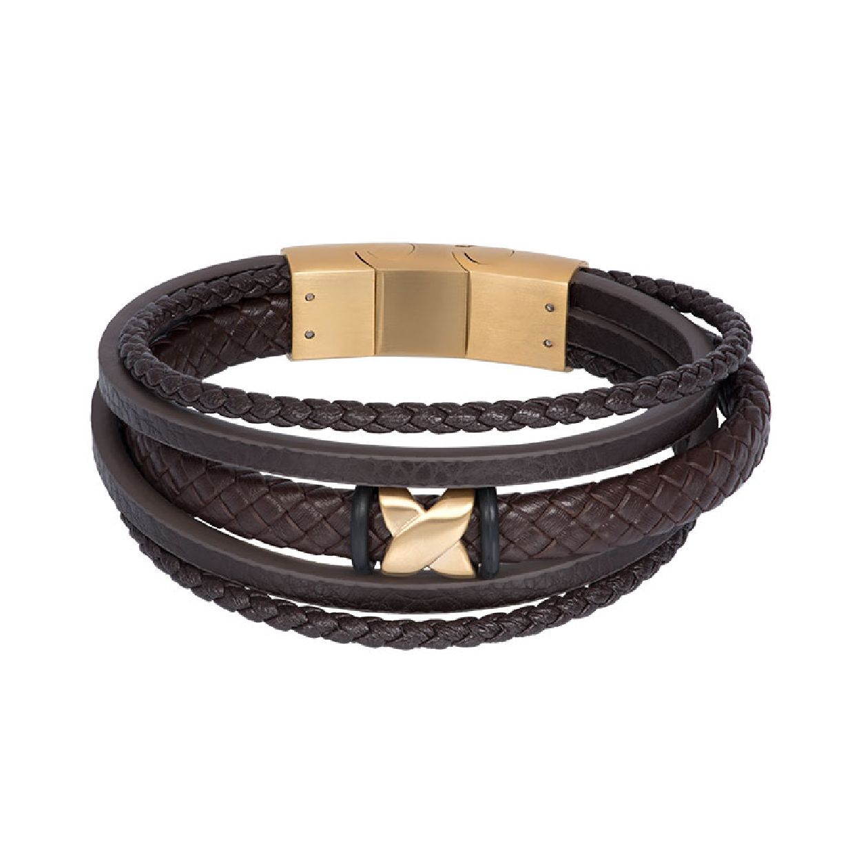 De iXXXi MEN armband Elias is gemaakt van bruin leder en heeft verschillende matzwarte en mat goudkleurige details gemaakt van stainless steel. De bracelet bestaat uit vijf verschillende leren armbanden met allen een ander design die samenkomen bij de sluiting. Drie armbanden zijn voorzien van een gevlochten design, twee fijn en rond en de ander is plat en breed. De andere twee armbanden hebben een glad design waarvan ééntje ook voorzien is van matzwarte details en een mat goudkleurig detail in de vorm van een kruis. Bracelet Elias is voorzien van een rechthoekig, breed, mat goudkleurige sluiting. De iXXXi heren armband Elias is verstelbaar in de maten 19 - 20,5 
