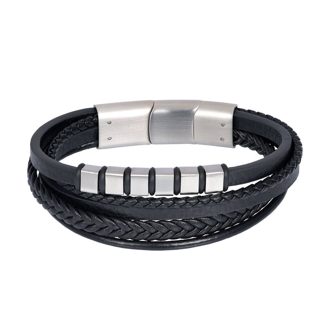 De iXXXi MEN armband Rudolph bestaat uit een combinatie van zwart leder en mat zilverkleurige details gemaakt van stainless steel. De bracelet bestaat uit vijf armbanden met verschillende designs die samenkomen bij de sluiting en zo één armband vormen. Twee armbanden van de Rudolph bestaan uit een smal, plat, glad design waarvan een band is voorzien van een mat zilverkleurig details van staal. Een andere armband is voorzien van een plat en gevlochten design. De andere banden zijn voorzien van een rond design, waarvan één is gevlochten. Bracelet Rudolph is voorzien van een langwerpige, mat zilverkleurige, stalen sluiting. De iXXXi heren armband Rudolph is verstelbaar in de maten 21 t/m 22,5. Mix en match met verschillende armbanden uit de iXXXi MEN collectie en maak zo jouw look compleet!