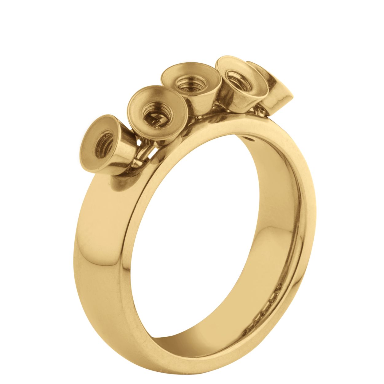 Op deze Melano ring kunnen maar liefst 5 steentjes opgedraaid worden. Deze goudkleurige ring wordt geleverd exclusief de opdraai steentjes