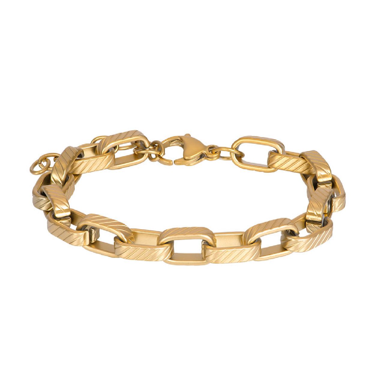 De iXXXi MEN armband Stockholm is een stainless steel armband met een mat goudkleurige uitstraling. De bracelet bestaat uit platte, langwerpige schakels die voorzien zijn van een streeppatroon. Bracelet Stockholm heeft een delicate, stalen sluiting die perfect bij het design past. Deze iXXXi heren armband is middels zijn sluiting verstelbaar in de maten 19 t/m 23. Mix en match met verschillende armbanden uit de iXXXi MEN collectie en maak zo jouw look compleet!