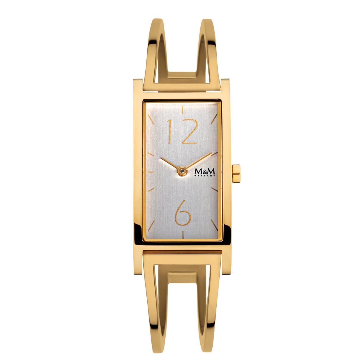 Dit M&M horloge is een dameshorloge. De diameter van de kast is 42 x 20 mm. De kast is goud van kleur. De band is gemaakt van edelstaal en is goud van kleur. Het glas van het horloge is gemaakt van gehard mineraal. De waterdichtheid is 3 ATM.