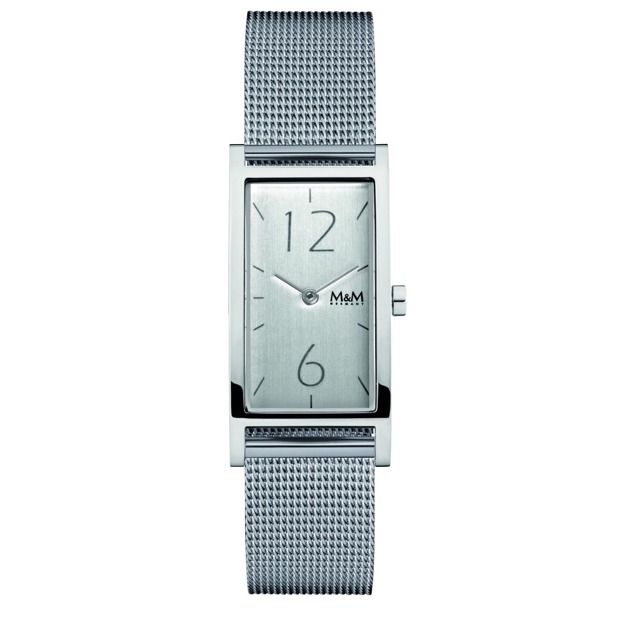 Dit M&M horloge is een dameshorloge. De diameter van de kast is 42 x 20 mm en heeft een dikte van 7 mm. De kast is zilver van kleur. De band is gemaakt van edelstaal en is zilver van kleur. Het glas van het horloge is gemaakt van gehard mineraal. De waterdichtheid is 3 ATM.