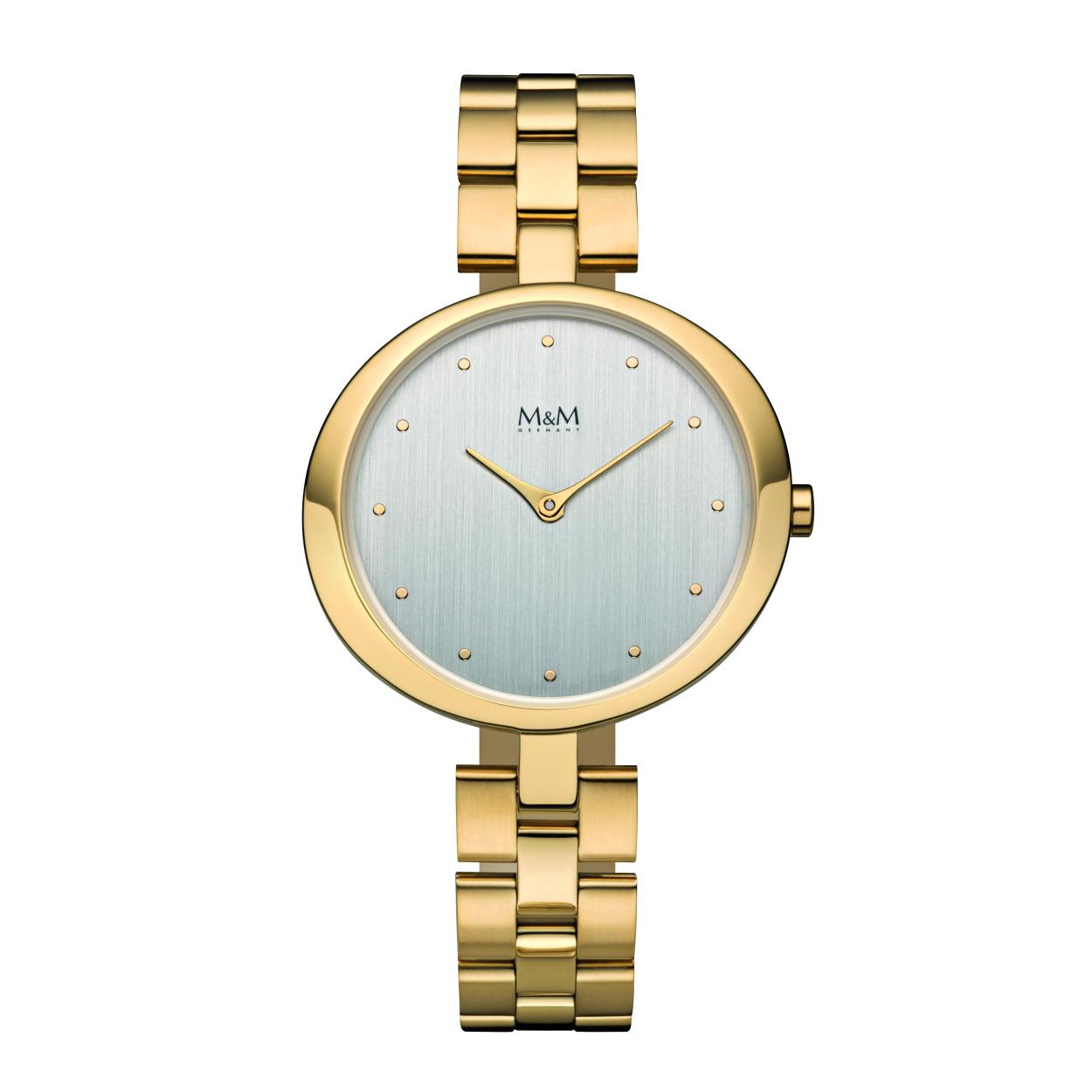 Dit M&M horloge is een dameshorloge. De diameter van de kast is 37 x 34 mm en heeft een dikte van 7 mm. De kast is goud van kleur. De band is gemaakt van edelstaal en is goud van kleur. Het glas van het horloge is gemaakt van gehard mineraal. De waterdichtheid is 3 ATM.