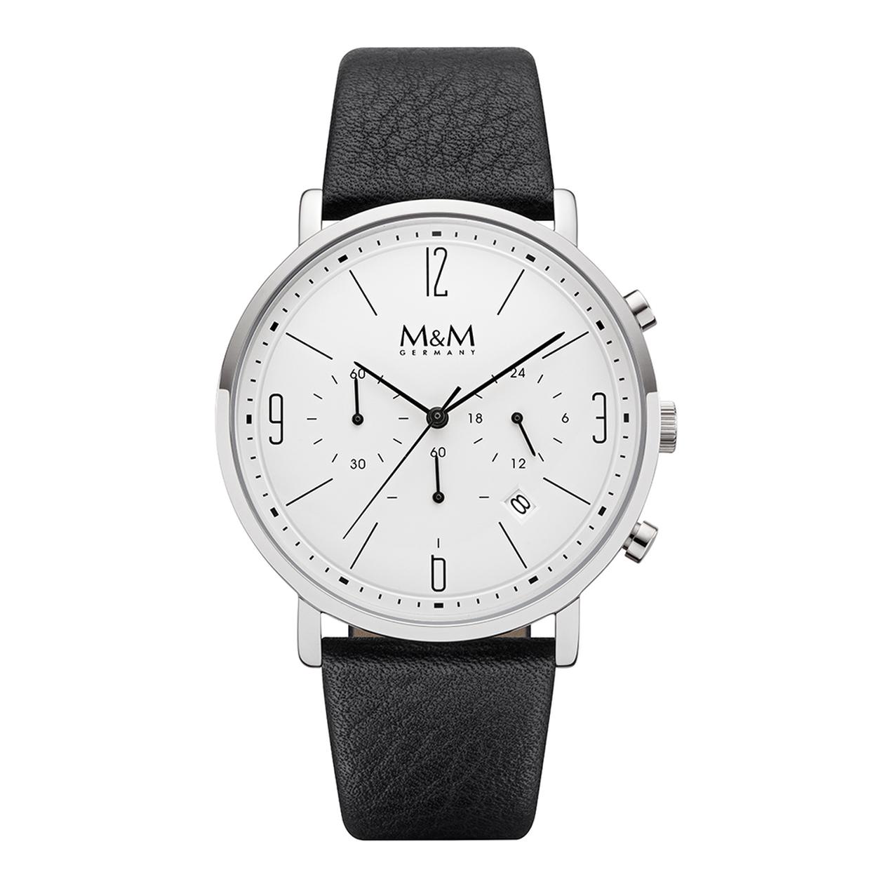 Dit M&M horloge is een herenhorloge. De diameter van de kast is 42 mm. De kast is zilver van kleur. De band is gemaakt van leer en is zwart van kleur. Het glas van het horloge is gemaakt van saffier. De waterdichtheid is 5 ATM.