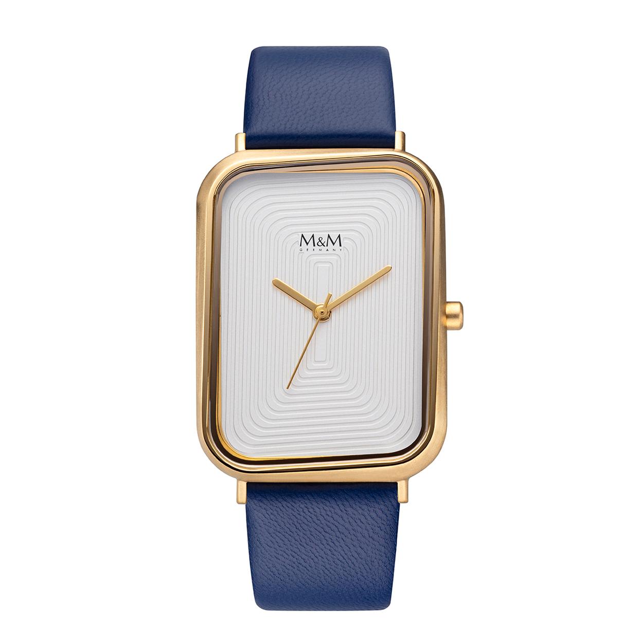 Dit M&M horloge is een dameshorloge. De diameter van de kast is 40 x 30 mm. De kast is zilver van kleur. De band is gemaakt van leder en is blauw van kleur. Het glas van het horloge is gemaakt van gehard mineraal. De waterdichtheid is 3 ATM.