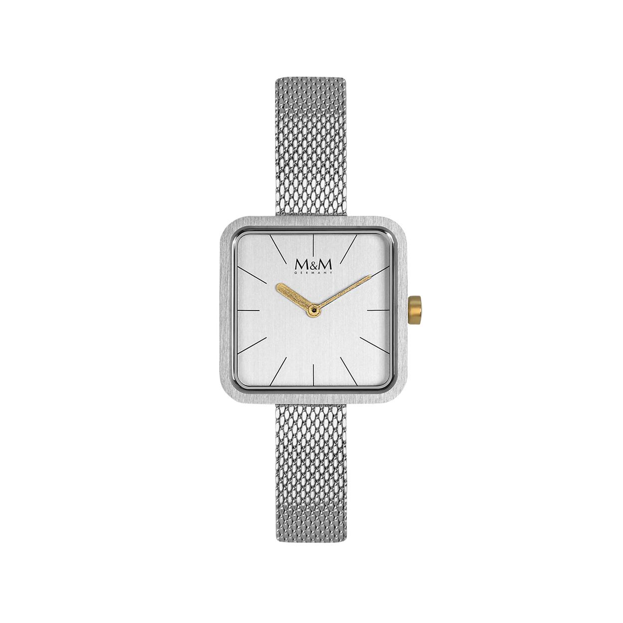 Dit M&M horloge is een dameshorloge. De diameter van de kast is 25 mm. De kast is zilver van kleur. De band is gemaakt van edelstaal en is zilver van kleur. Het glas van het horloge is gemaakt van gehard mineraal. De waterdichtheid is 3 ATM.