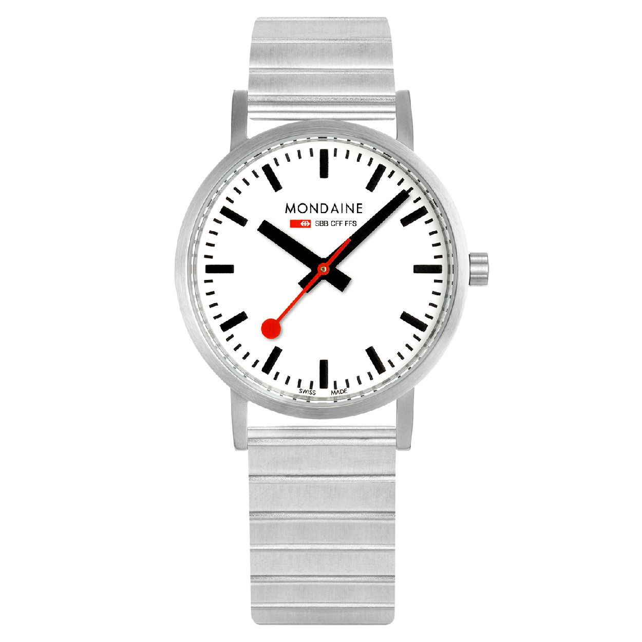 Mondaine - Classic 36mm. Mat. Witte Wijzerplaat. Lederen horlogeband. Quartz. 30m WR. Mineraalglas