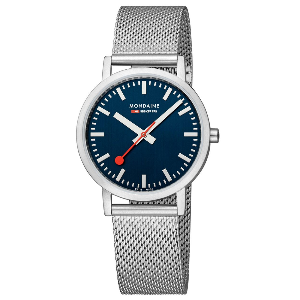 Mondaine M660.30314.40SBJ Horloge - Mesh - Blauw - 36mm
Dit unieke Mondaine dames horloge met nummer: M660.30314.40SBJ heeft een quartz uurwerk. Op de blauwe wijzerplaat zijn de uren en minuten strepen duidelijk zichtbaar met als blikvanger de rode secondewijzer net als op een stationsklok. De zilverkleurige mesh band sluit mooi aan op de strakke zilverkleurige stalen ronde kast. Het horloge heeft mineraalglas is 36mm en 3 ATM. 

Het Merk:
The Official Swiss Railway Watch. Gebaseerd op de offici�le stationsklok van de Zwitserse spoorwegen is 30 jaar geleden de horlogelijn onder het merk Mondaine opgezet. Zwitserse kwaliteitsuurwerken net zo punctueel als de Zwitserse treinen. Een echte design klassieker met een unieke wijzerplaat en de wereldberoemde rode secondewijzer met bolletje. Herkenbaar uit duizenden.

Specificaties:
- Mineraalglas
- Blauwe wijzerplaat
- Swiss Made?
- 3 ATM (Regen- & spatwaterdicht)
- � 36mm?
