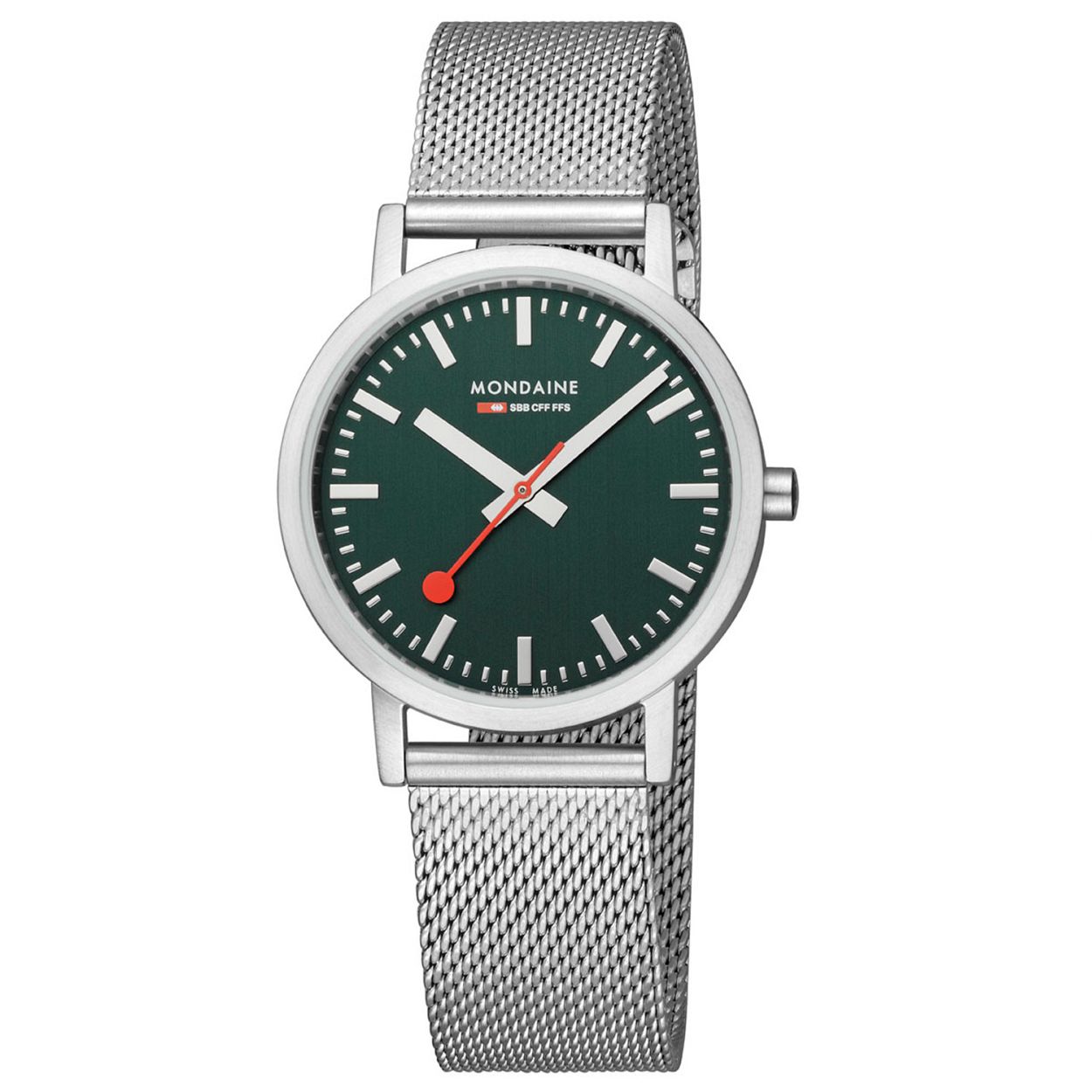 Mondaine M660.30314.60SBJ Horloge - Mesh - Groen - 36mm
Dit unieke Mondaine dames horloge met nummer: M660.30314.60SBJ heeft een quartz uurwerk. Op de groene wijzerplaat zijn de uren en minuten strepen duidelijk zichtbaar met als blikvanger de rode secondewijzer, net als op een stationsklok. De zilverkleurige mesh band sluit mooi aan op de strakke zilverkleurige stalen ronde kast. Het horloge heeft mineraalglas, is 36mm en 3 ATM. 

Het Merk:
The Official Swiss Railway Watch. Gebaseerd op de officiële stationsklok van de Zwitserse spoorwegen, is 30 jaar geleden de horlogelijn onder het merk Mondaine opgezet. Zwitserse kwaliteitsuurwerken, net zo punctueel als de Zwitserse treinen. Een echte design klassieker met een unieke wijzerplaat en de wereldberoemde rode secondewijzer met bolletje. Herkenbaar uit duizenden.

Specificaties:
- Mineraalglas
- Groene wijzerplaat
- Swiss Made
- 3 ATM (Regen- & spatwaterdicht)
- Ø 36mm