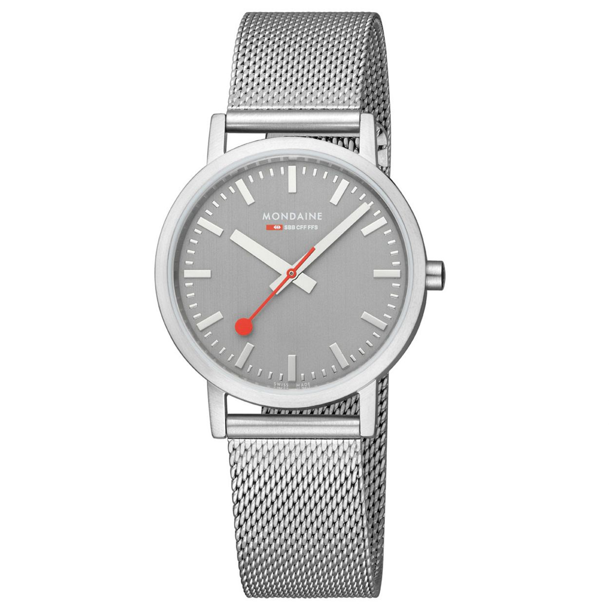 Mondaine - Classic 36mm. Mat. Grijze Wijzerplaat. Milanese Horlogeband. Quartz. 30m WR. Mineraalglas - M660.30314.80SBJ