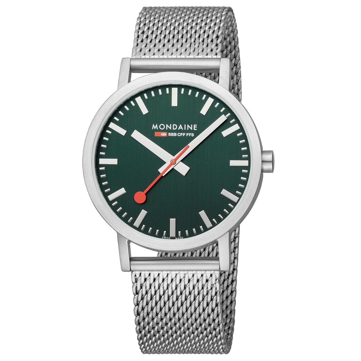Mondaine M660.30360.40SBJ Horloge - Mesh - Groen - 40mm
Dit unieke Mondaine dames horloge met nummer: M660.30360.60SBJ heeft een quartz uurwerk. Op de groene wijzerplaat zijn de uren en minuten strepen duidelijk zichtbaar met als blikvanger de rode secondewijzer, net als op een stationsklok. De zilverkleurige mesh band sluit mooi aan op de strakke zilverkleurige stalen ronde kast. Het horloge heeft mineraalglas, is 36mm en 3 ATM. 

Het Merk:
The Official Swiss Railway Watch. Gebaseerd op de officiële stationsklok van de Zwitserse spoorwegen, is 30 jaar geleden de horlogelijn onder het merk Mondaine opgezet. Zwitserse kwaliteitsuurwerken, net zo punctueel als de Zwitserse treinen. Een echte design klassieker met een unieke wijzerplaat en de wereldberoemde rode secondewijzer met bolletje. Herkenbaar uit duizenden.

Specificaties:
- Mineraalglas
- Groene wijzerplaat
- Swiss Made
- 3 ATM (Regen- & spatwaterdicht)
- Ø 40mm