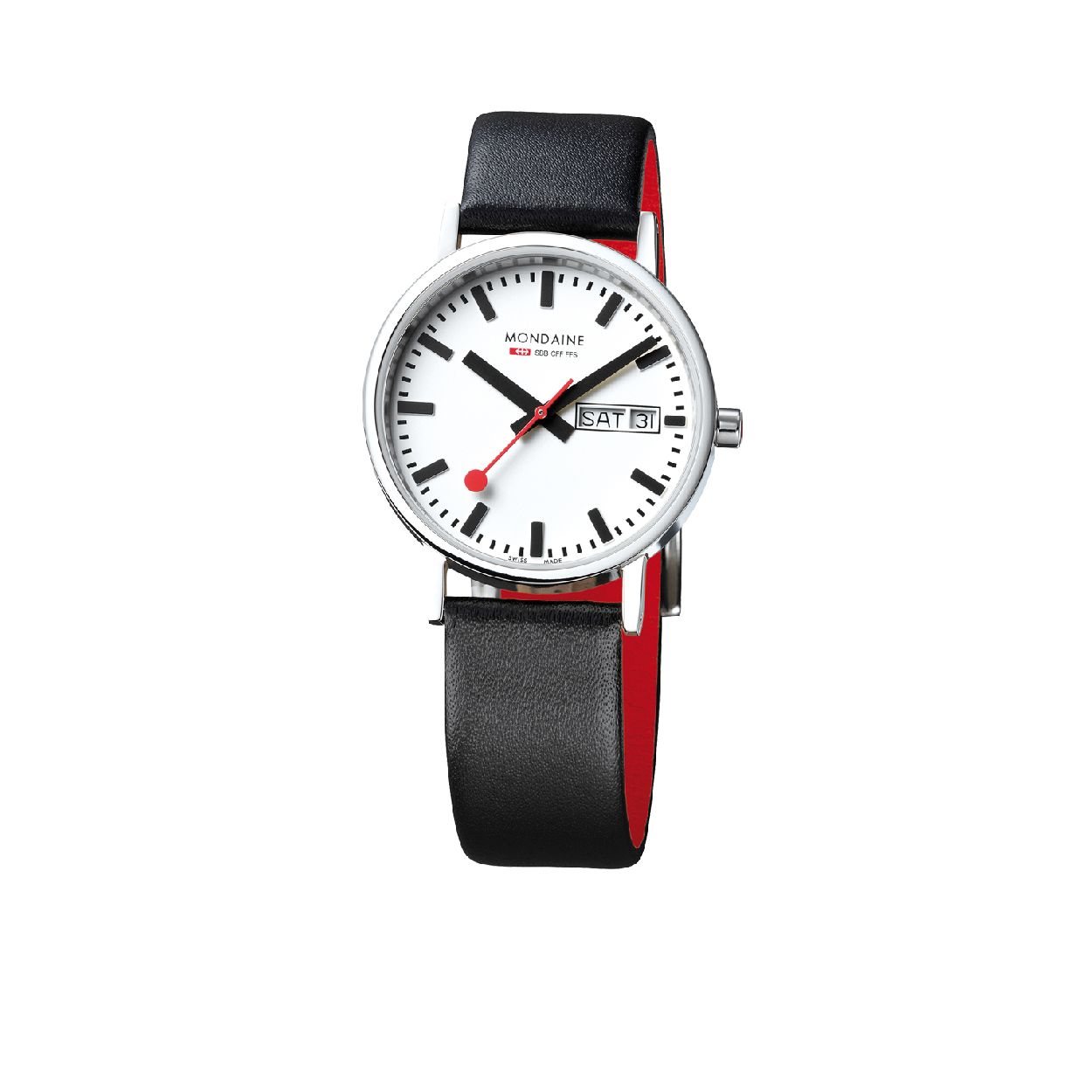 Mondaine - Day/Date staal dames glans 36mm met zwarte vegan lederen band - M667.30314.11SBB