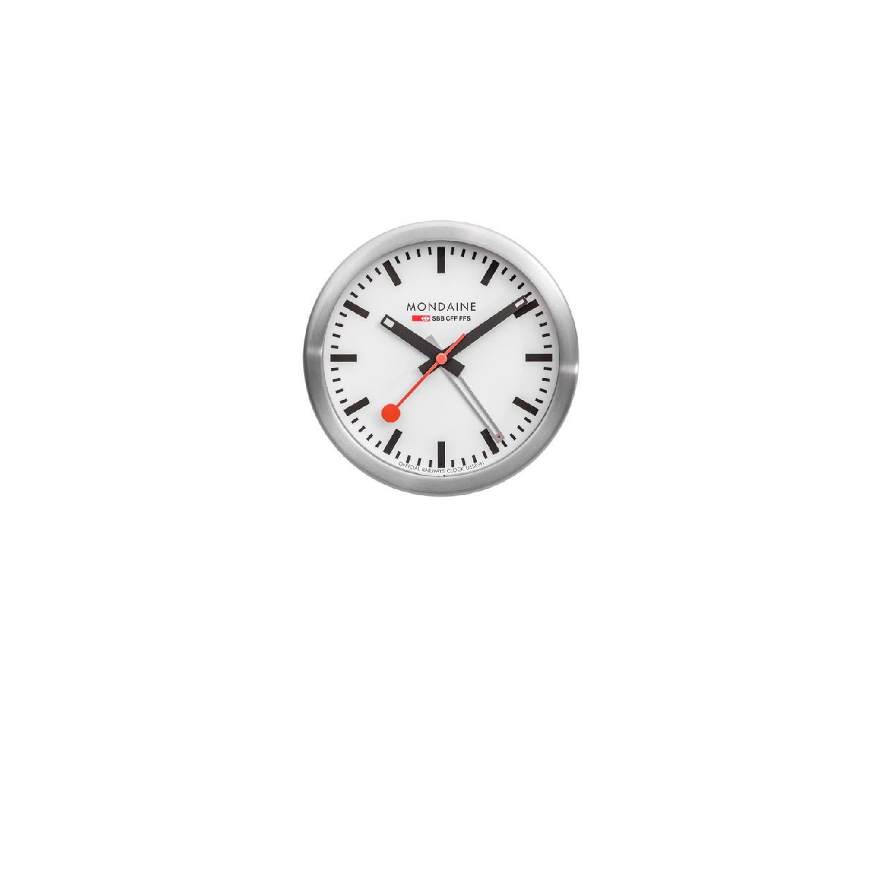 Mondaine M997.MCAL.16SBB Desk Clock 
De design miniklok uit de Mondaine Clock serie is een stijlvol klokje. De wijzers zijn lichtgevend, waardoor ook in het donker de tijd is af te lezen. Deze miniklok heeft alarm, gehard mineraalglas en een doorsnede van 12,5 cm. Dit klokje is een stijlvol designvoorwerp voor professionals met clienten tegenover zich aan het bureau, waarbij ze niet op hun horloge kunnen kijken terwijl ze toch de tijd in de gaten kunnen houden. De miniklok kan zowel op het bureau staan als aan de wand hangen.

HET MERK 
The Official Swiss Railway Watch. Gebaseerd op de officiele stationsklok van de Zwitserse spoorwegen, is 30 jaar geleden de horlogelijn onder het merk Mondaine opgezet. Zwitserse kwaliteitsuurwerken, net zo punctueel als de Zwitserse treinen. 
Een echte design klassieker met een unieke wijzerplaat en de wereldberoemde rode secondewijzer met bolletje. Herkenbaar uit duizenden.

SPECIFICATIES
- Alarm
- Lichtgevende wijzers
- Gehard mineraalglas
- Ronde kastvorm, 12,5 cm
- Matte aluminium kast
- Witte wijzerplaat van de originele stationsklok
