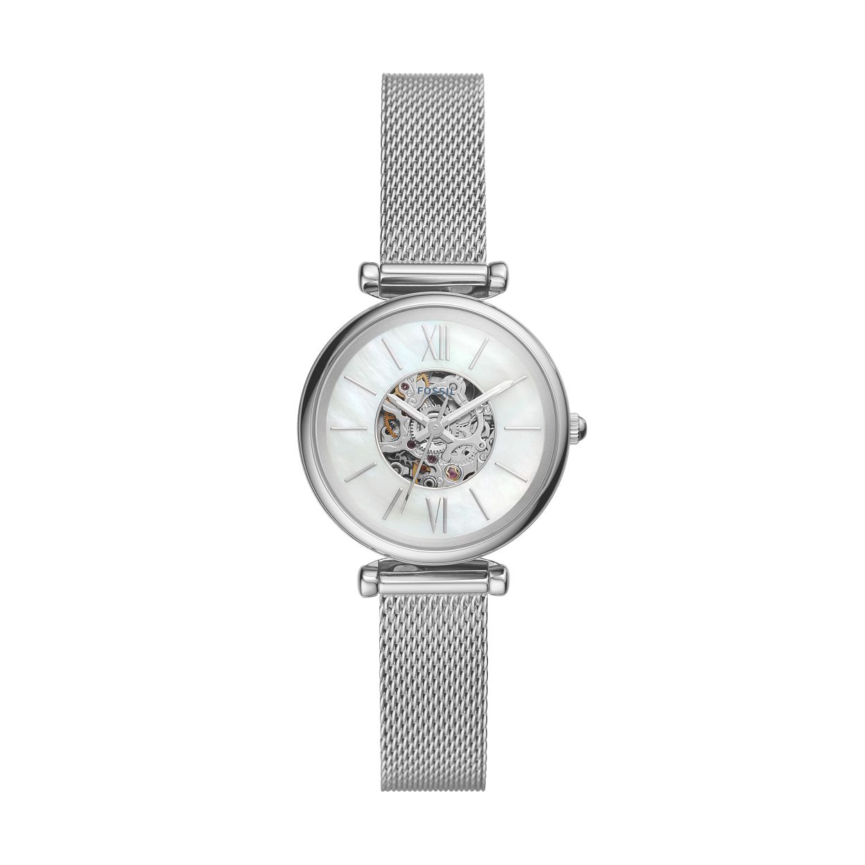 Deze Carlie Mini van 28 mm heeft een witte parelmoeren wijzerplaat, een automatisch uurwerk en een zilverkleurige roestvrijstalen mesh armband.