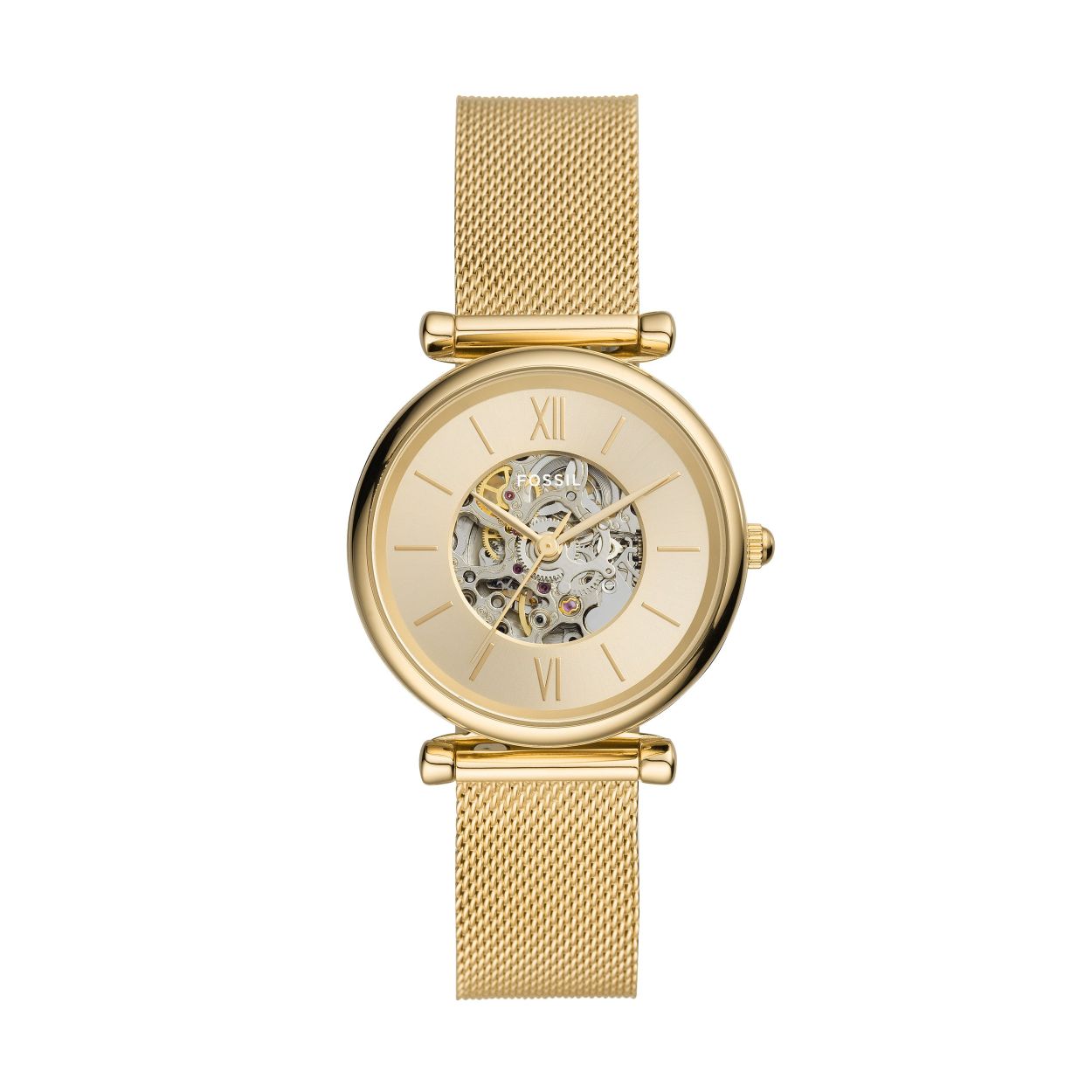 Deze Carlie van 35mm heeft een goudkleurige sunray-wijzerplaat, automatisch uurwerk en een goudkleurig roestvrijstalen mesh bandje.