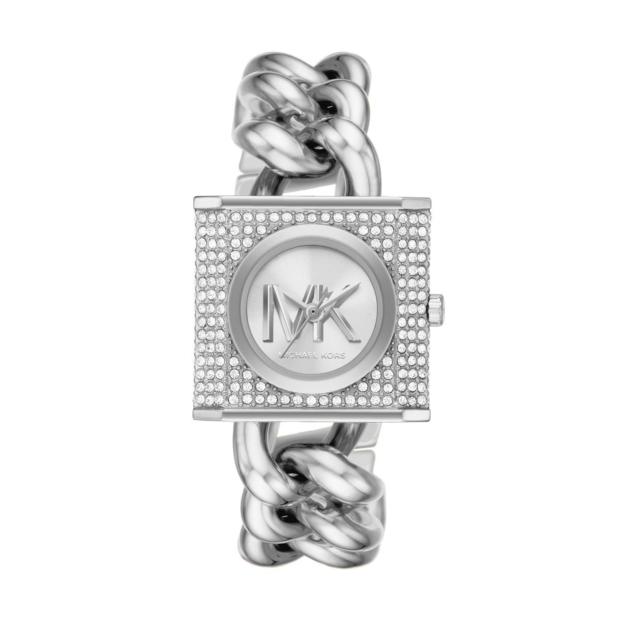 Dit Michael Kors MK Chain Lock horloge van 25mm heeft een witte logowijzerplaat, pavé kast, uurwerk met drie wijzers en een roestvrijstalen armband.