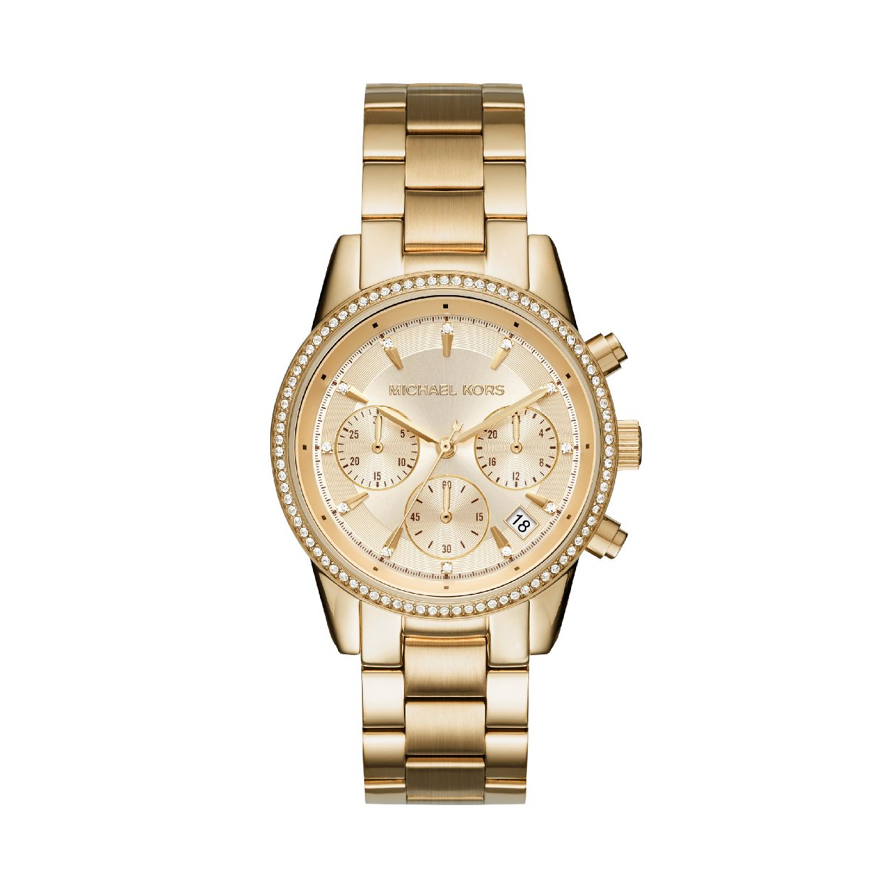 Michael Korz quartz dames pols horloge model MK6356 uit de Bryant collectie. Edelstaal goudkleurig met schakelband. 5 ATM waterdicht.