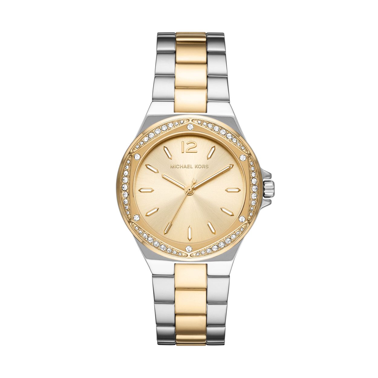Dit Michael Kors horloge, uit de Lennox collectie, heeft een bicolor stalen band en kast. De wijzerplaat is goudkleurig met witte indexen en wijzers. 