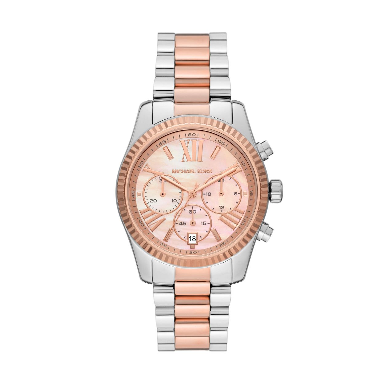 Dit dameshorloge is van het merk Michael Kors. Het is een horloge gemaakt van edelstaal. De diameter van de kast is38 mm.
De verdere specificaties van het horloge zijn als volgt:
Bandmateriaal: Edelstaal
 Kastvorm: Rond
Kast kleur: Zilver
Wijzerplaatkleur: Roze
Bandkleur: 2-TONE
 Anti allergisch: Nee