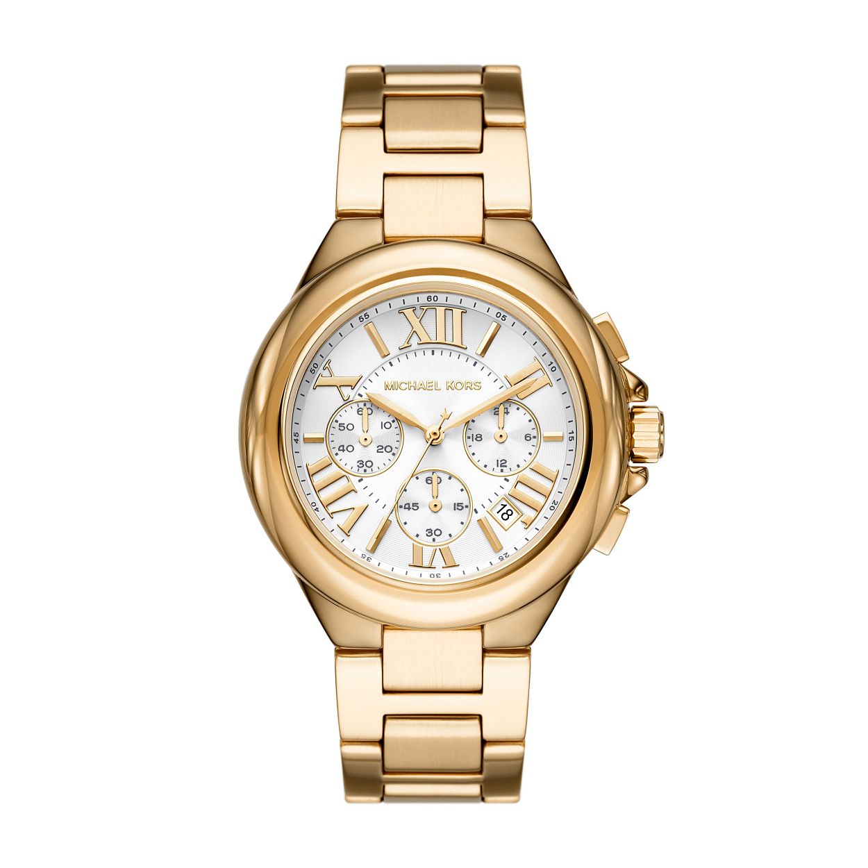 Terug van weggeweest! Dit Michael Kors horloge, uit de Camille collectie, maakt een comeback met dit oversized model. Het horloge heeft een vergulde stalen band en kast. De wijzerplaat is wit met goudkleurige indexen en wijzers.