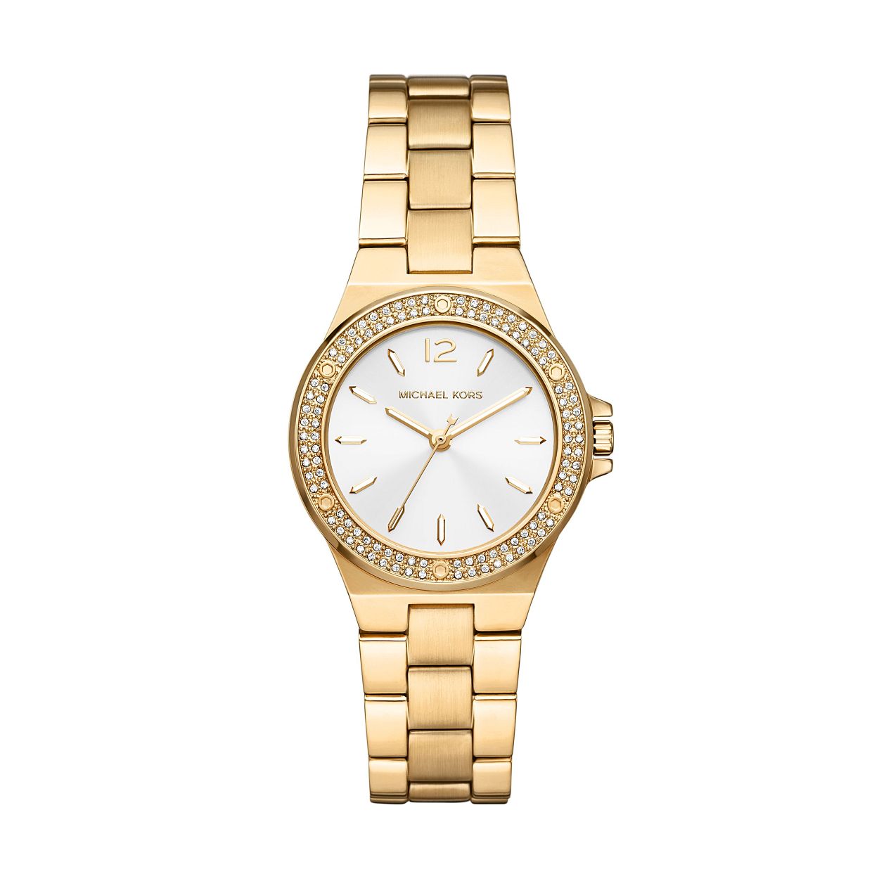 Introductie van onze nieuwe Mini-Lennox van 33�mm. Dit goudkleurige roestvrijstalen horloge met een pav� bovenring met schroefdetails is dit seizoen ongetwijfeld het nieuwe onmisbare item van uw garderobe.