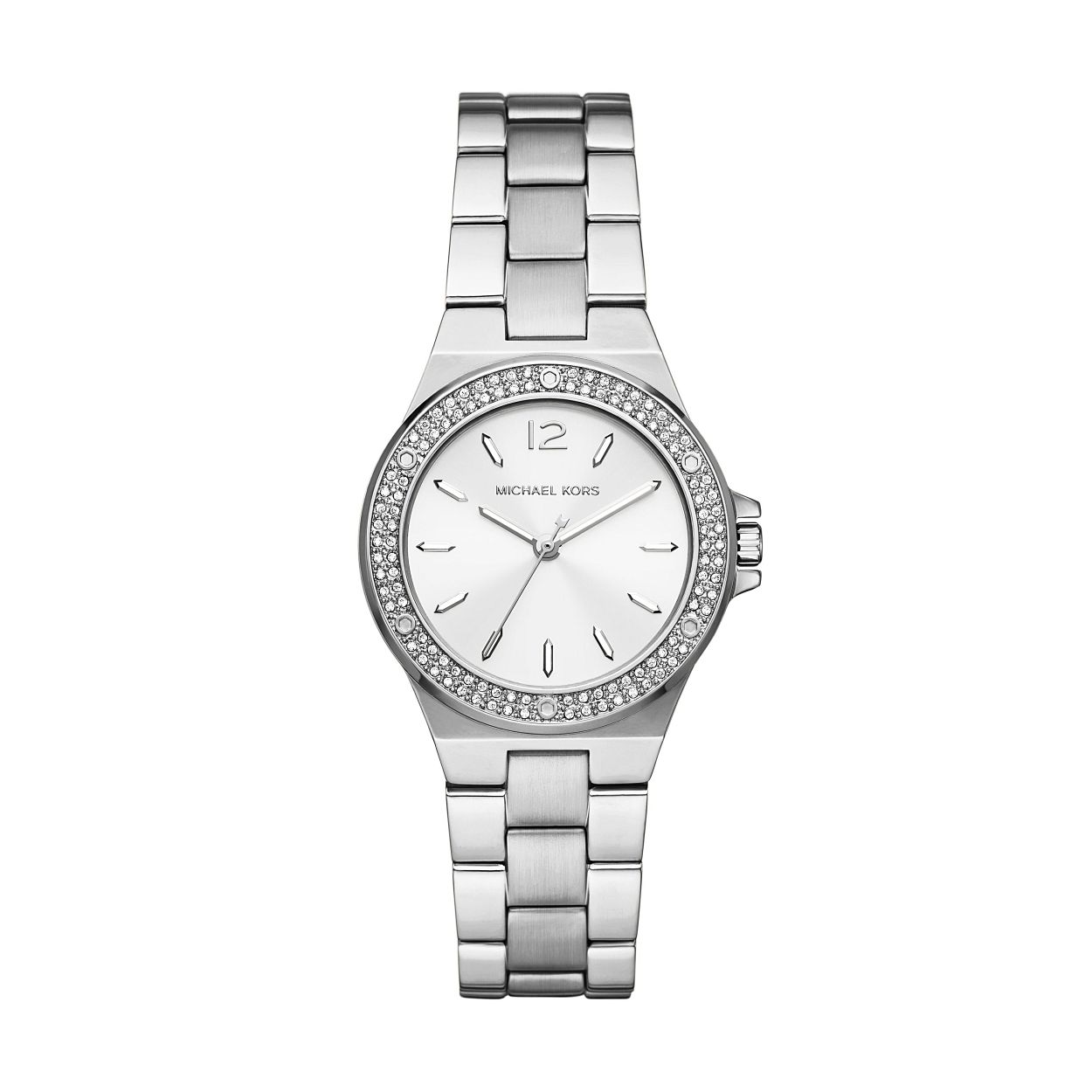 Dit michael Kors horloge, uit de Mini Lennox collectie, heeft een stalen band en kast. De wijzerplaat is wit met zilverkleurige indexen en wijzers.