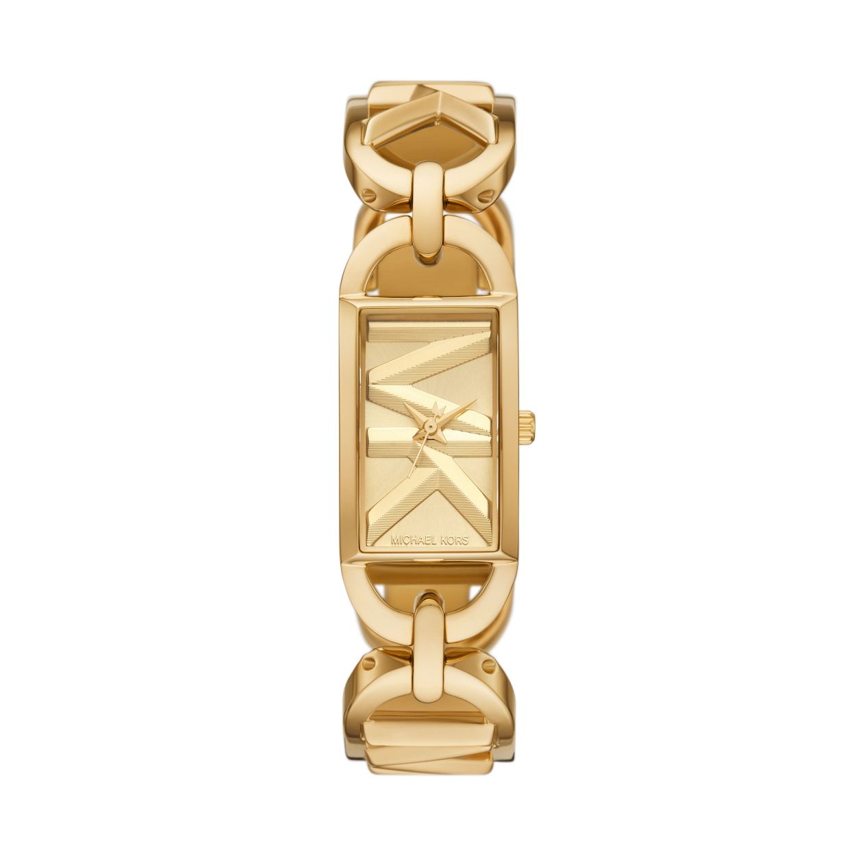 Dit Michael Kors MK Empire horloge van 30�mm heeft een goudkleurige geborstelde glanzende sunray-wijzerplaat, een uurwerk met drie wijzers en een goudkleurige roestvrijstalen MK Empire schakelarmband.