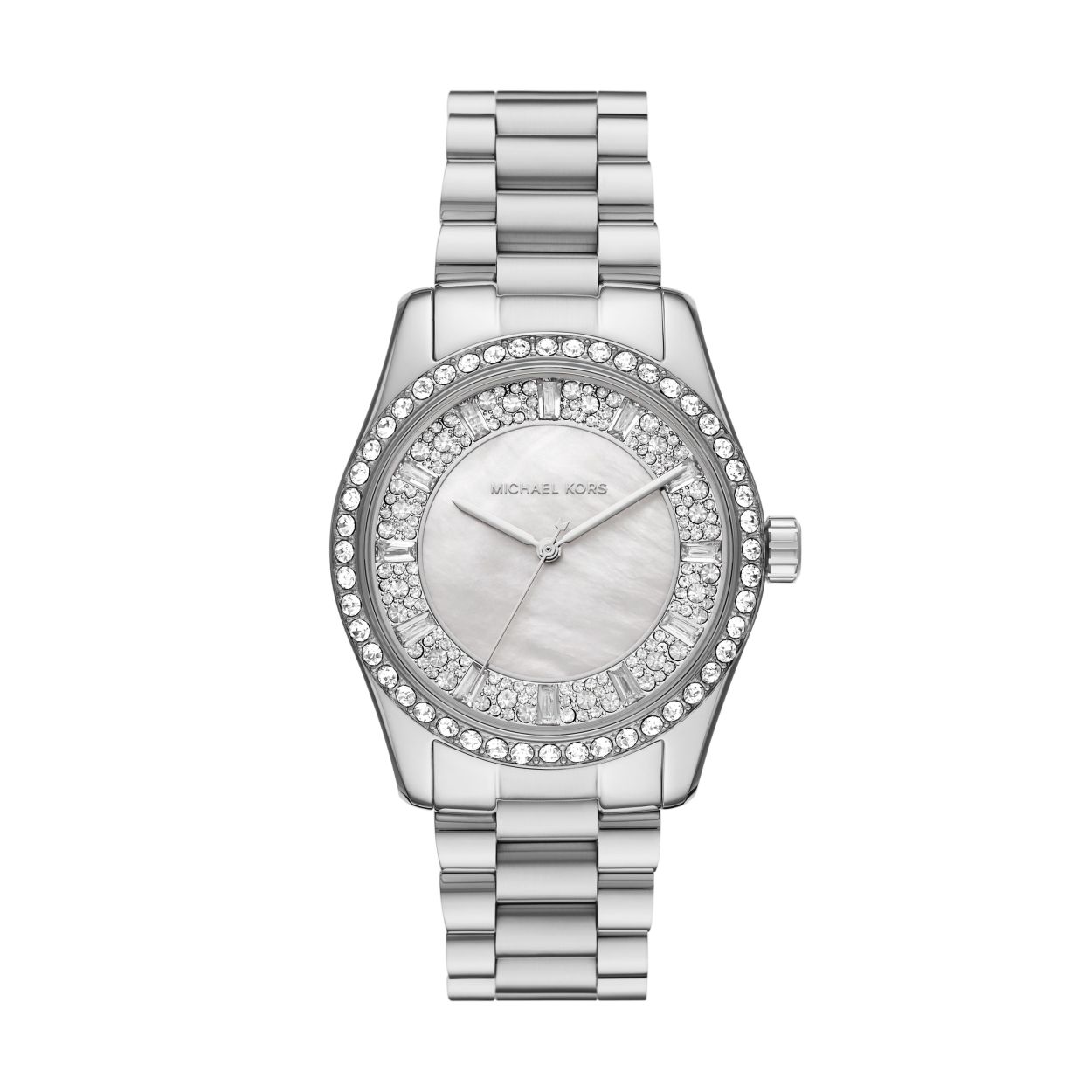 Een luxe uitvoering van de bestaande Lexington collectie.
Een stalen kast met een bezel bezet met glinsterende steentjes en een stalen schakelband met mat/glans afwerking. De wijzerplaat is wit parelmoer die bezet is met schitterende steentjes in verschillende vormen en groottes.