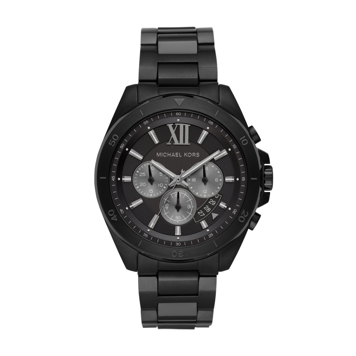Dit Michael Kors heren horloge, uit de Brecken collectie, heeft een zwart gecoate stalen band en kast. Het model is een chronograaf horloge, d.w.z. dat het als extra functie een stopwatch heeft. De wijzerplaat is zwart, maar de indexen en wijzers zijn wit, zodat het duidelijk afleesbaar is.